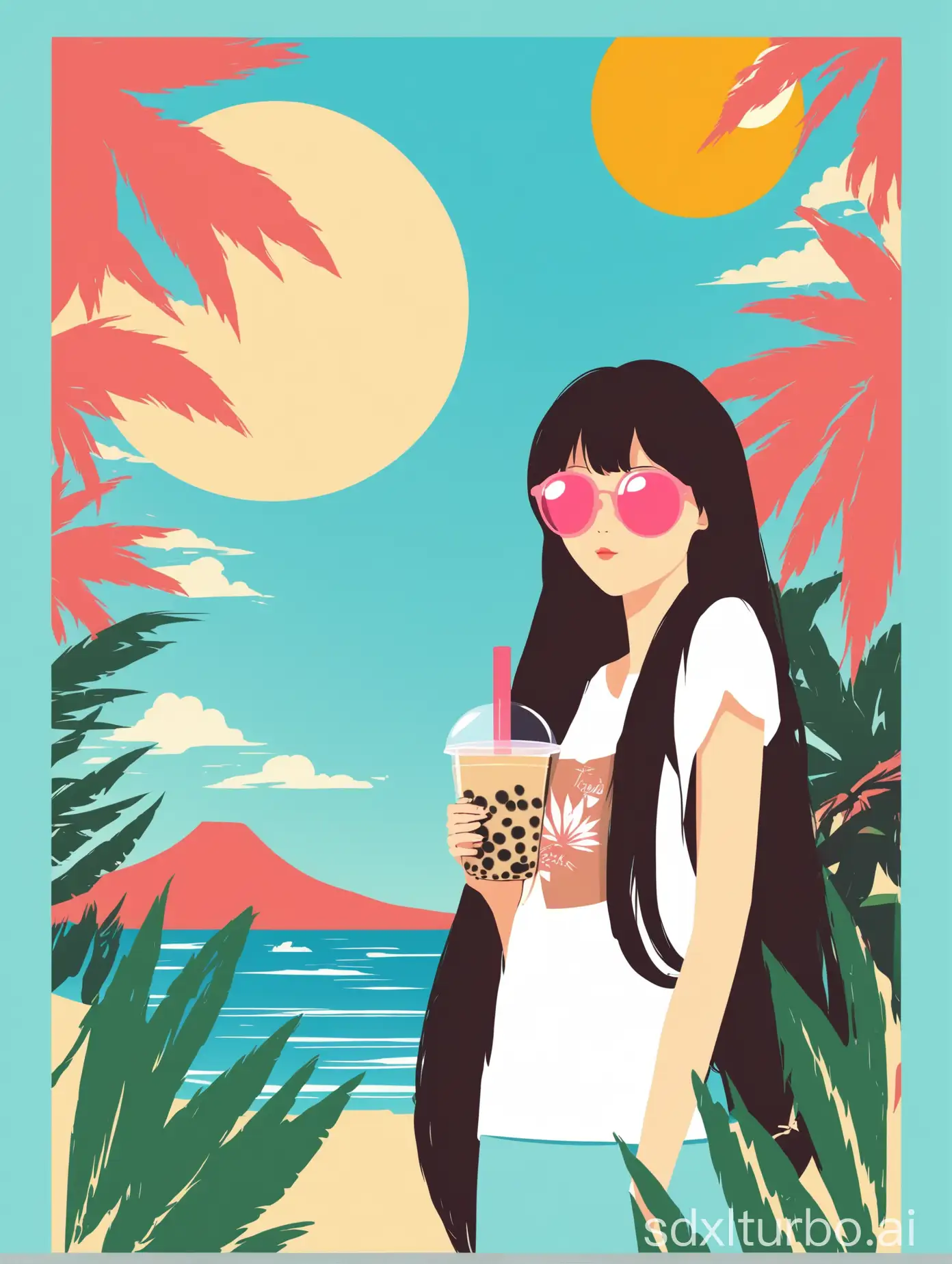 a skinny Asian with long hair and pink sunglasses drinking a bubble tea outside with a blue sky and sun in Hawaii, poster, flat illustration, minimalism