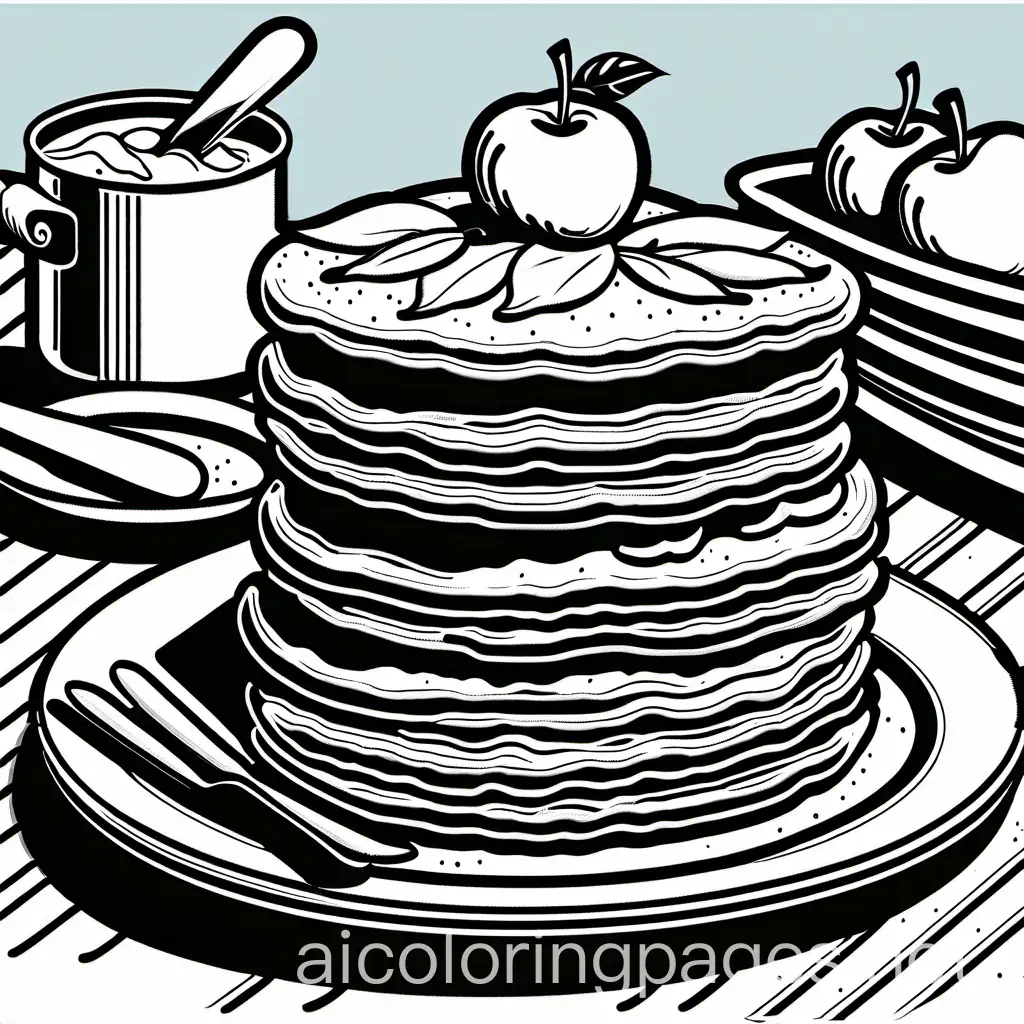 A stack of apple pancakes on a plate, with large apple slices visible in the pancakes. In the background, there are several whole apples and a few leaves scattered around in the kitchen background, Coloring Page, black and white, line art, white background, Simplicity, Ample White Space.