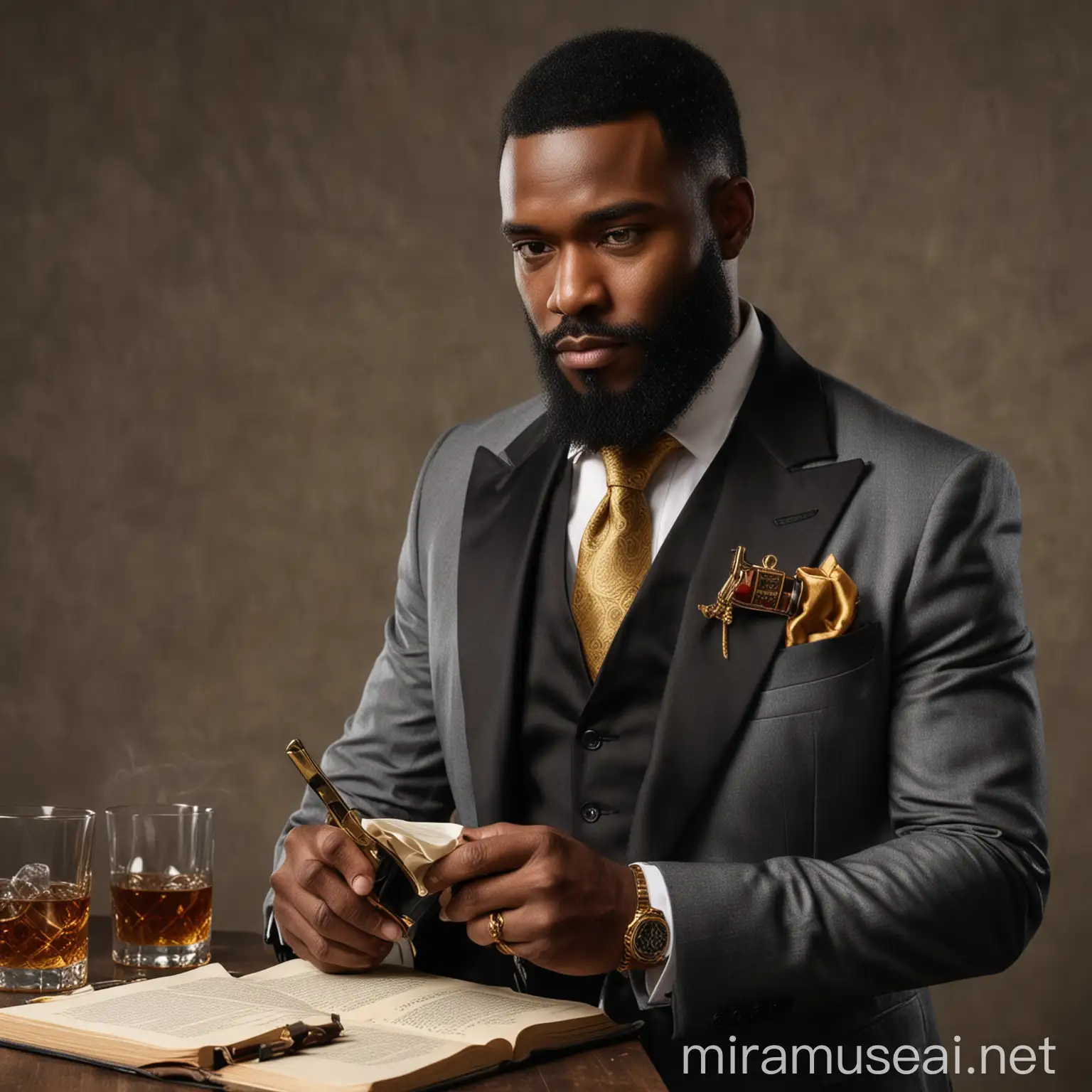 Elegant Black Man in Grey Suit Writing with Whiskey and Handgun