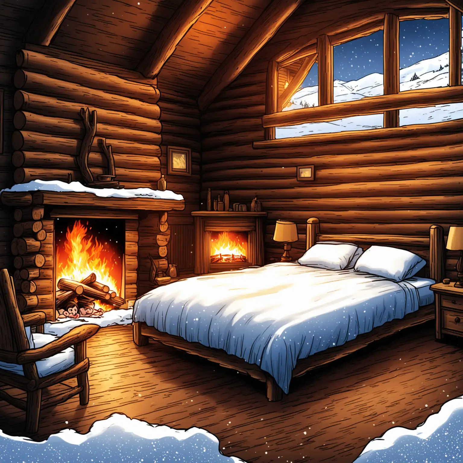 Cozy Log Cabin Interior with Fireplace and Bed in Snowy Setting
