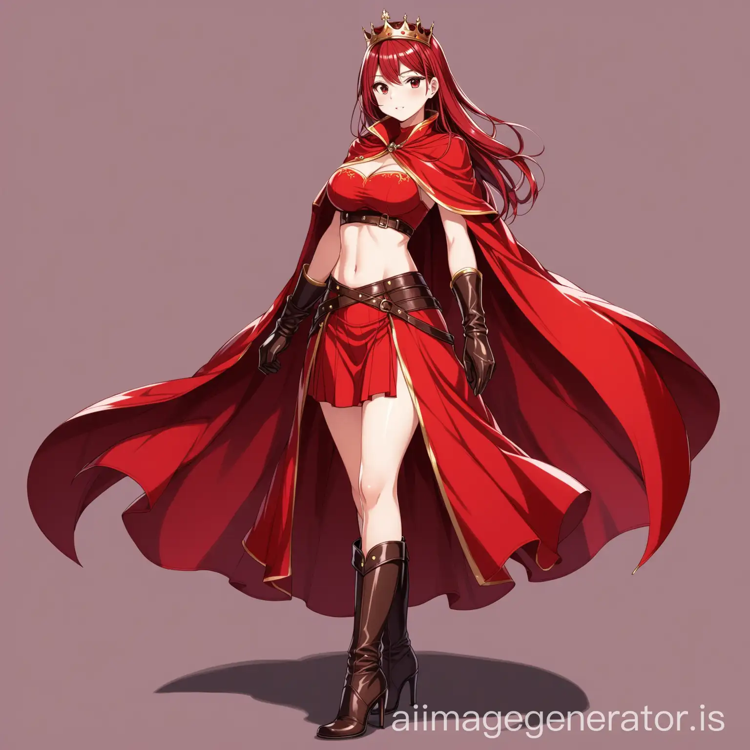 hot anime girl in an attractive royal red dress wearing a croptop, skirt, long leather gloves, long leather boot heels and a cape