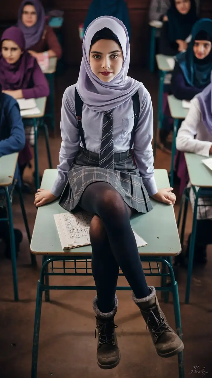 A arabian beautiful girl.  14 years old. She wears a hijab, skinny shirt, so mini school skirt, black opaque tights, small winter boots,
She is beautiful. She crossed leg on the teacher desk.
Bird's eye view, in classroom, elegant sits, petite, plump lips. The classroom is full girl students.