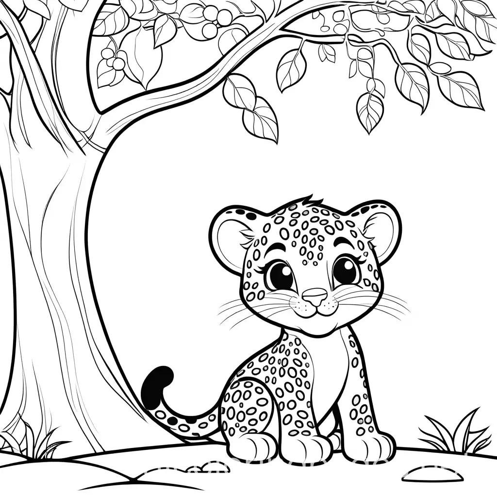 Cute happy cartoon leopard cub playing underneath a tree, Coloring Page, black and white, line art, white background, Simplicity, Ample White Space. The background of the coloring page is plain white to make it easy for young children to color within the lines. The outlines of all the subjects are easy to distinguish, making it simple for kids to color without too much difficulty