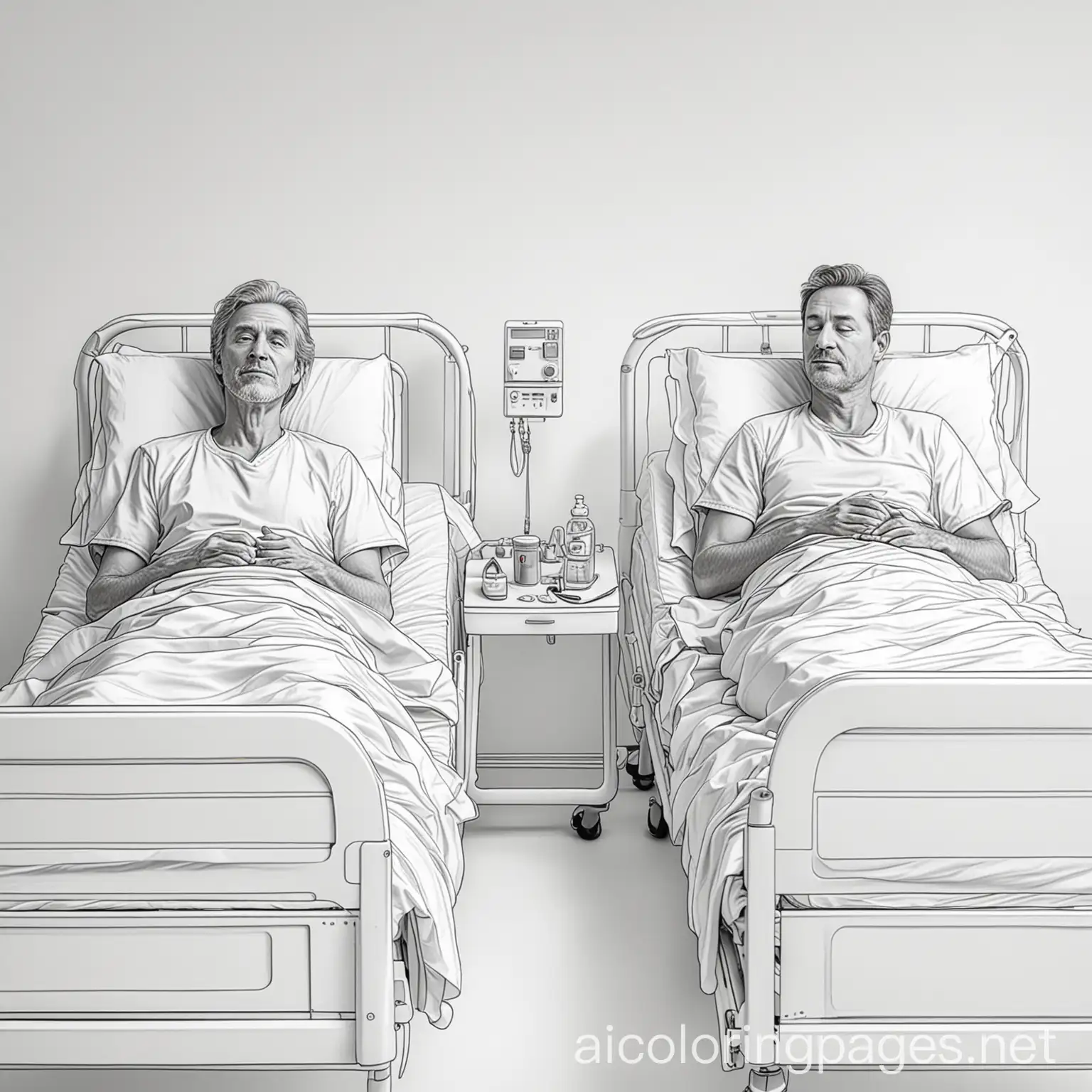 Two men in hospital beds, Coloring Page, black and white, line art, white background, Simplicity, Ample White Space. The background of the coloring page is plain white to make it easy for young children to color within the lines. The outlines of all the subjects are easy to distinguish, making it simple for kids to color without too much difficulty