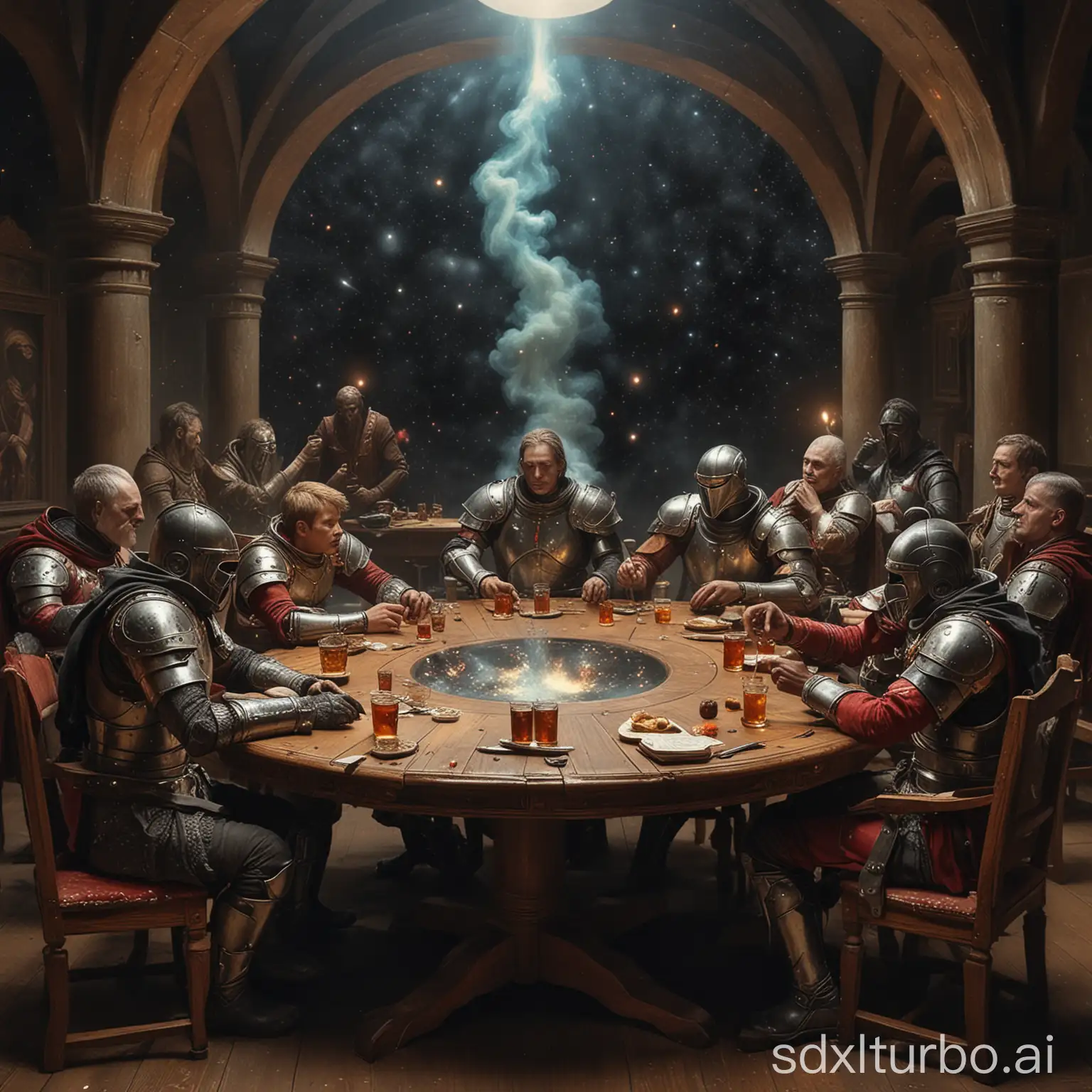 Die Ritter der Tafelrunde im Weltall, an jedem Platz ist ein Gottartiges Wesen, neben der TAfelrunde sieht man in der fern Galaxien, sie trinkenb und rauchen Mariuahan
