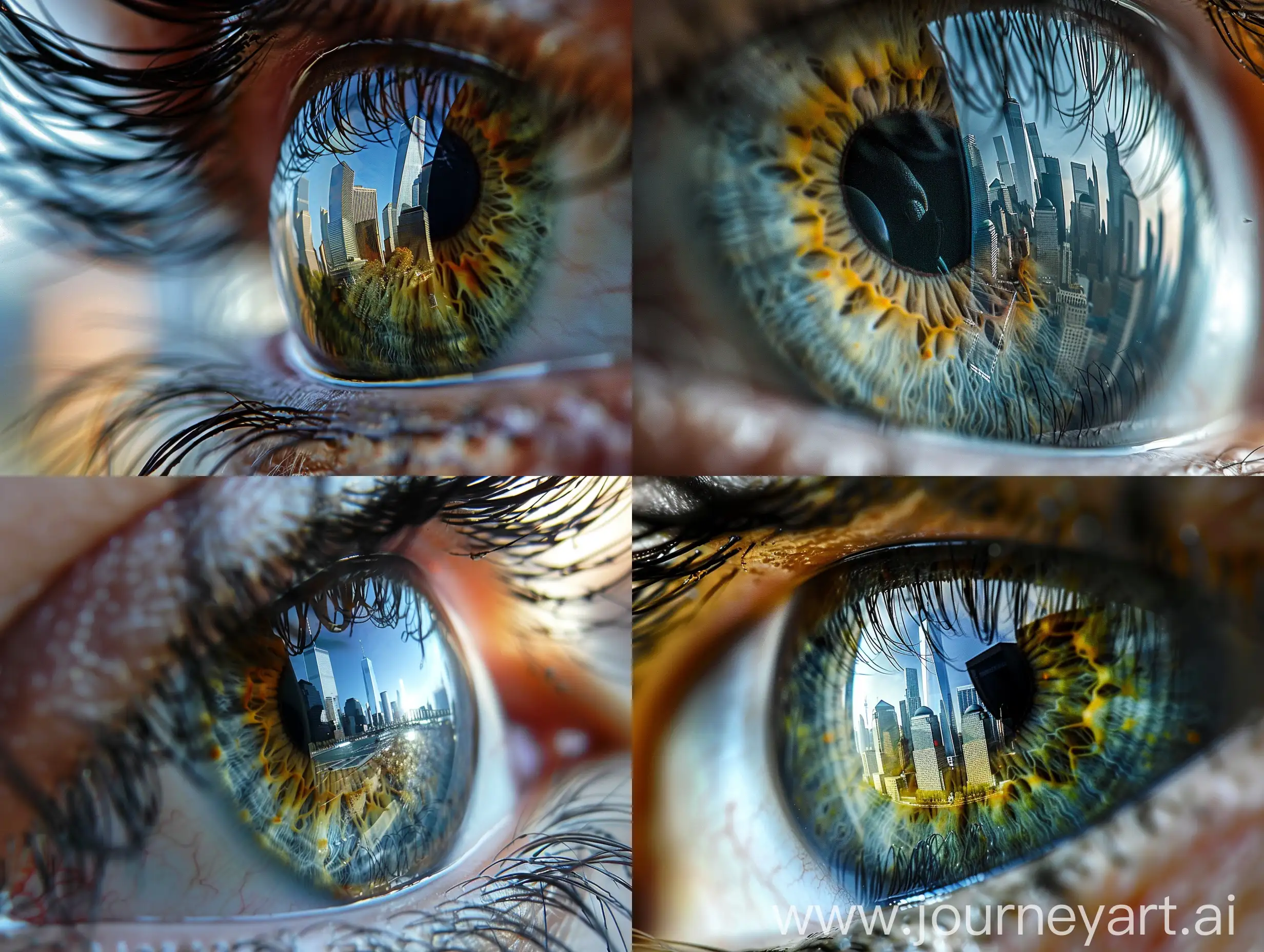extreme close up of a natural eye , the reflection of the World Trade Center can be seen in the eye 
