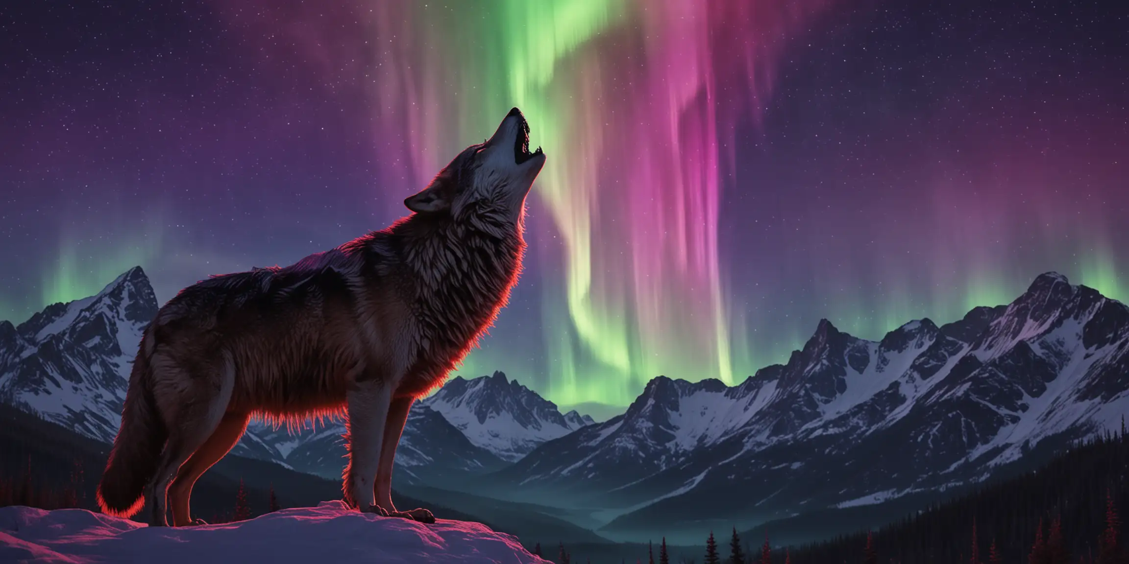 large wolf howling in mountains red , purple and green northern lights