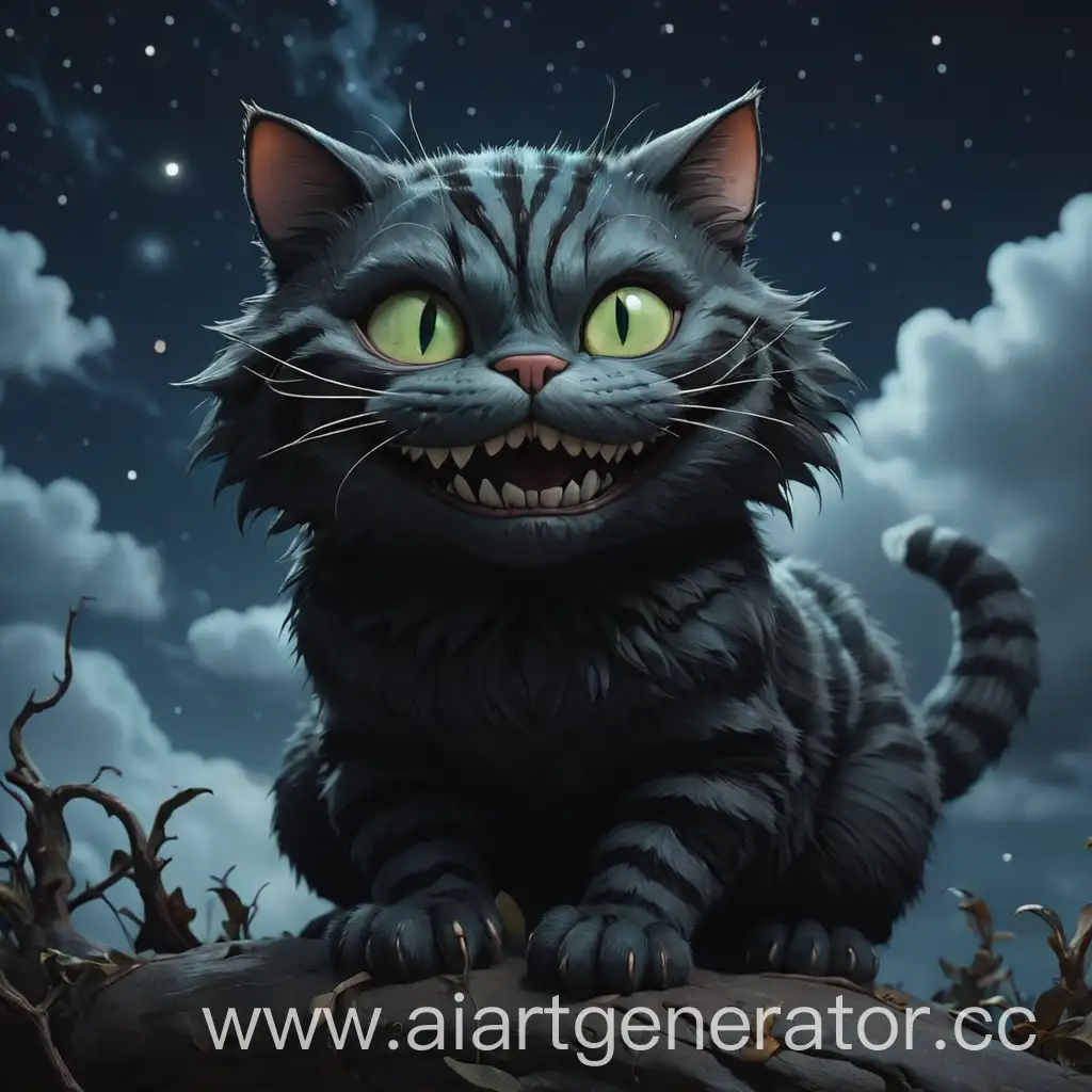 Photorealistic-Black-Cheshire-Cat-Printing-in-the-Night-Sky