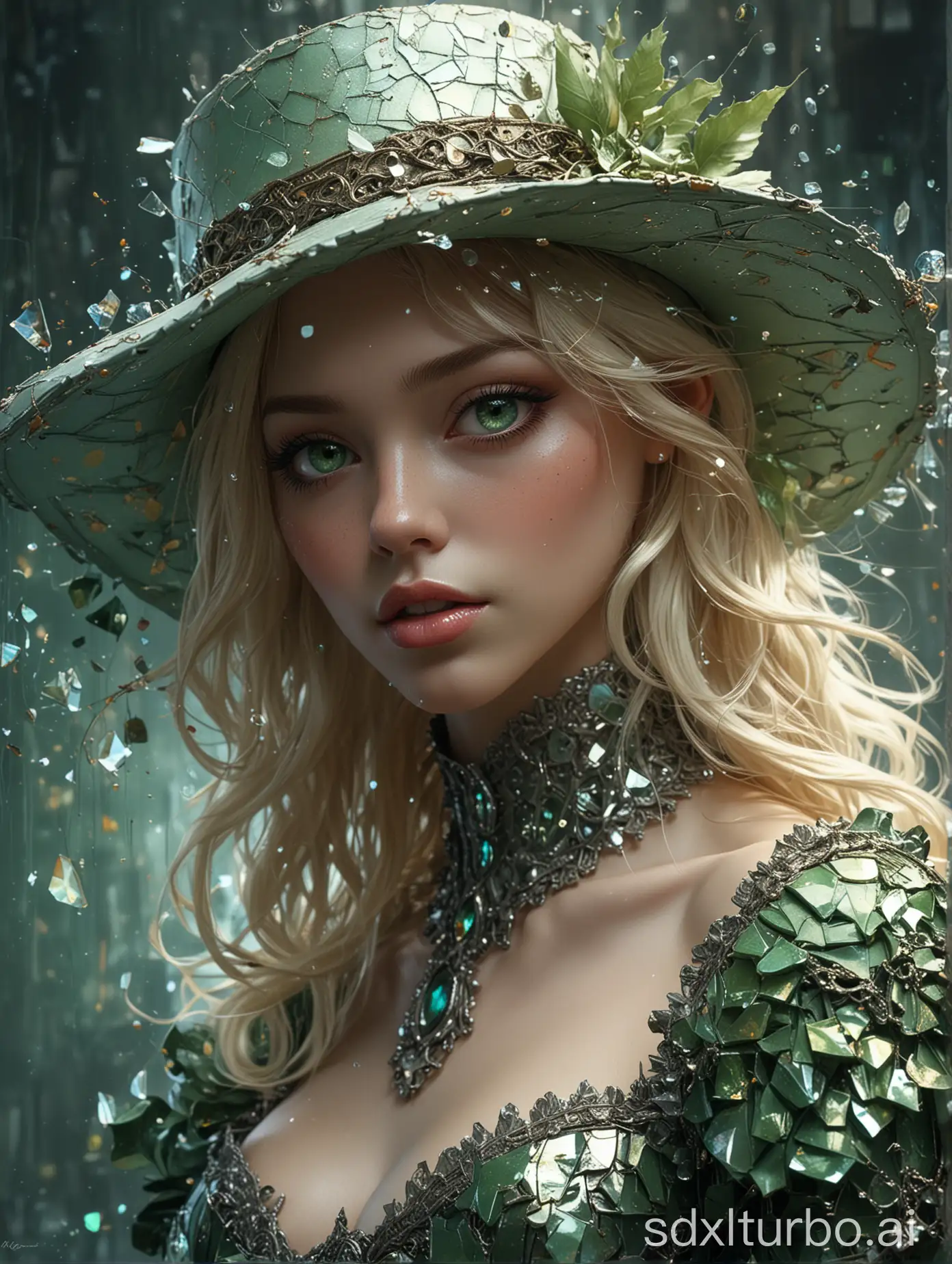 create a portrait UHD (32 k) art by Cheryl Griesbach and jasmine becket griffith, luis royo blonde woman in hat green eyes detailed painting, digital art, Jean-Baptiste Monge style, bright, beautiful, splash, Glittering, cute and adorable, filigree, rim lighting, lights, extremely, magic, surreal, fantasy, digital art, wlop, artgerm and james jean, Broken Glass effect, no background, stunning, something that even doesn't exist, mythical being, energy, molecular, textures, iridescent and luminescent scales, breathtaking beauty, pure perfection, divine presence, unforgettable, impressive, breathtaking beauty, Volumetric light, auras, rays, vivid colors reflects