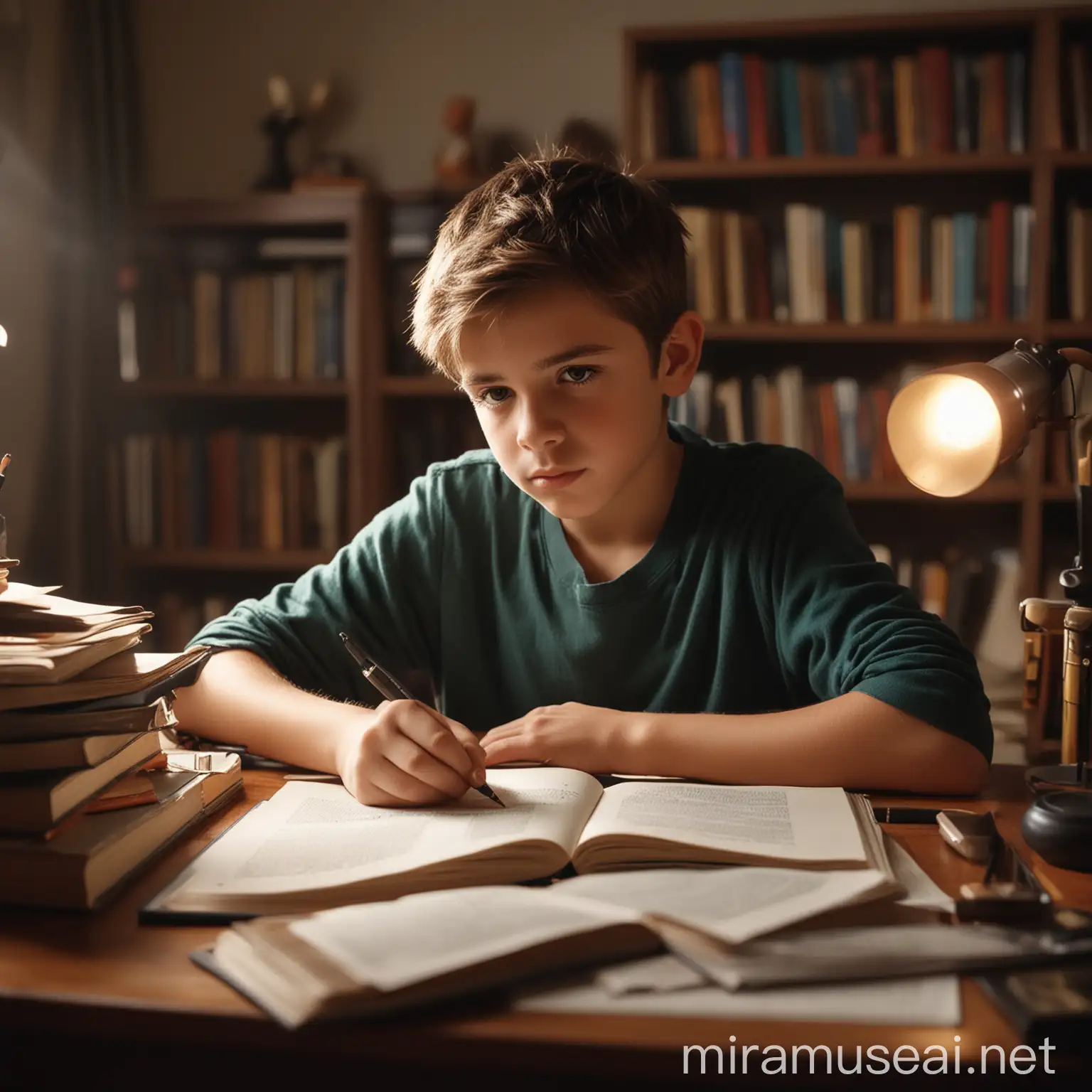 Young Boy Studying at Desk with Books and Study Materials