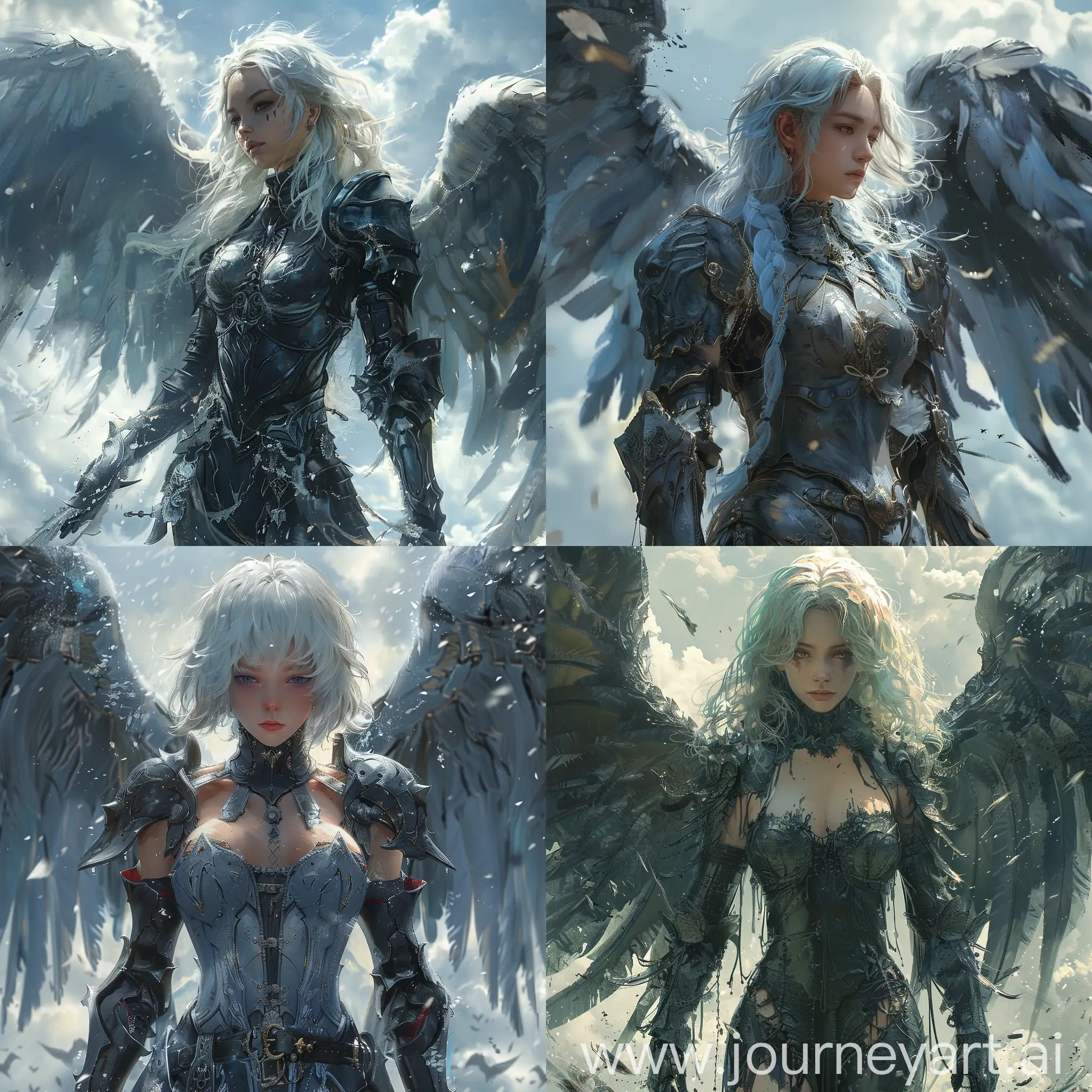 Anime::1.3 dark angel with large black wings, standing in front of a sky background with white and blue hues, the anime angel has white hair and is wearing a armor-like outfit, the wings are spread out and there are black paint drips trailing from them, --s 500