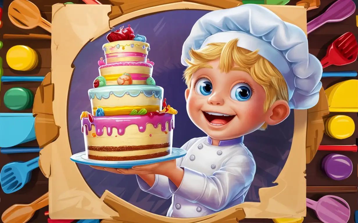 Coloring-Game-Banner-Featuring-a-Blond-Boy-Chef-in-a-White-Uniform-Creating-a-Cake