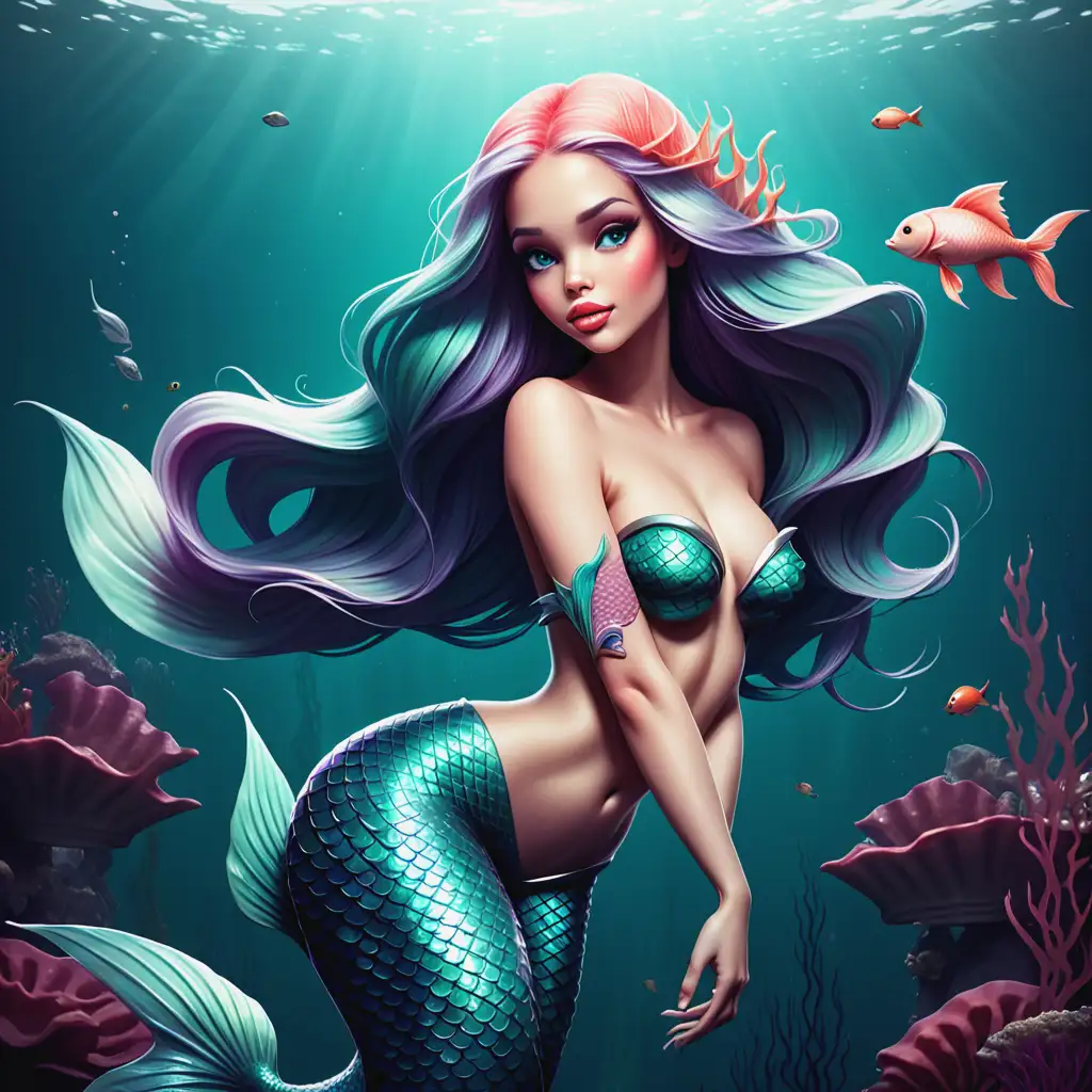 Graceful Mermaid Swimming with Colorful Fish in Pristine Waters