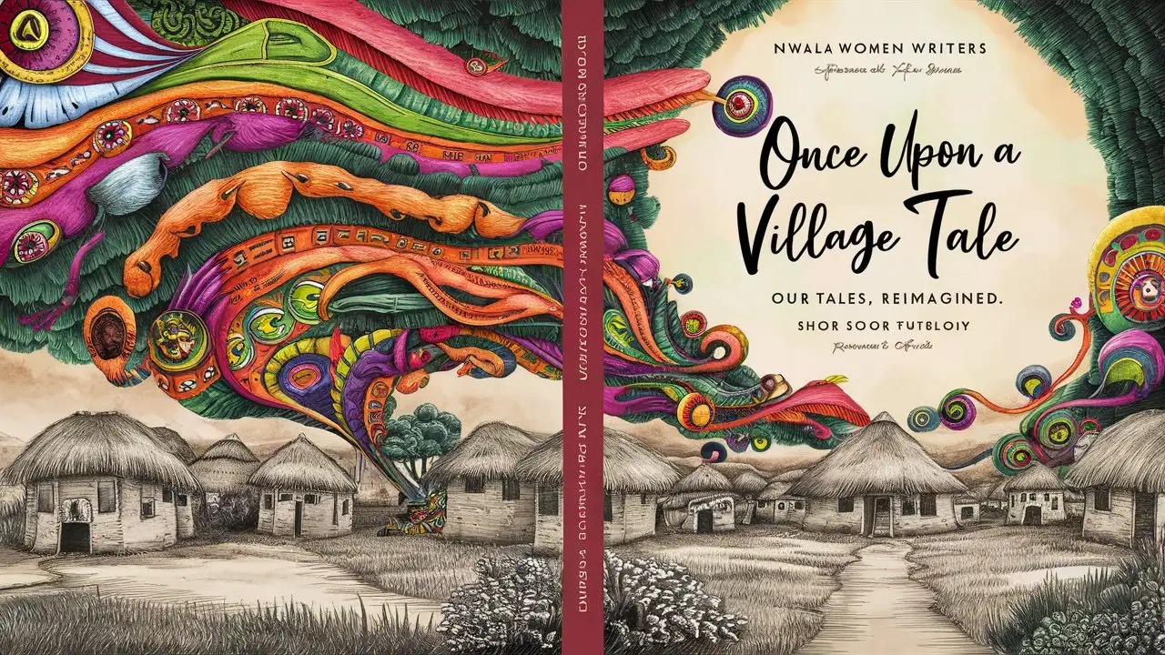 book cover, African mythology and folklore, showcasing pencil drawing of african village with huts infused with mythology at the bottom of the cover, traditional patterns, and symbolic elements Flowing out of the bottom rising to the top in full colour. Title 'Once Upon A Village Tale' Author "Nwala Women Writers" subtitle "Our Tales, Reimagined" notes on cover 'Short Story Anthology'