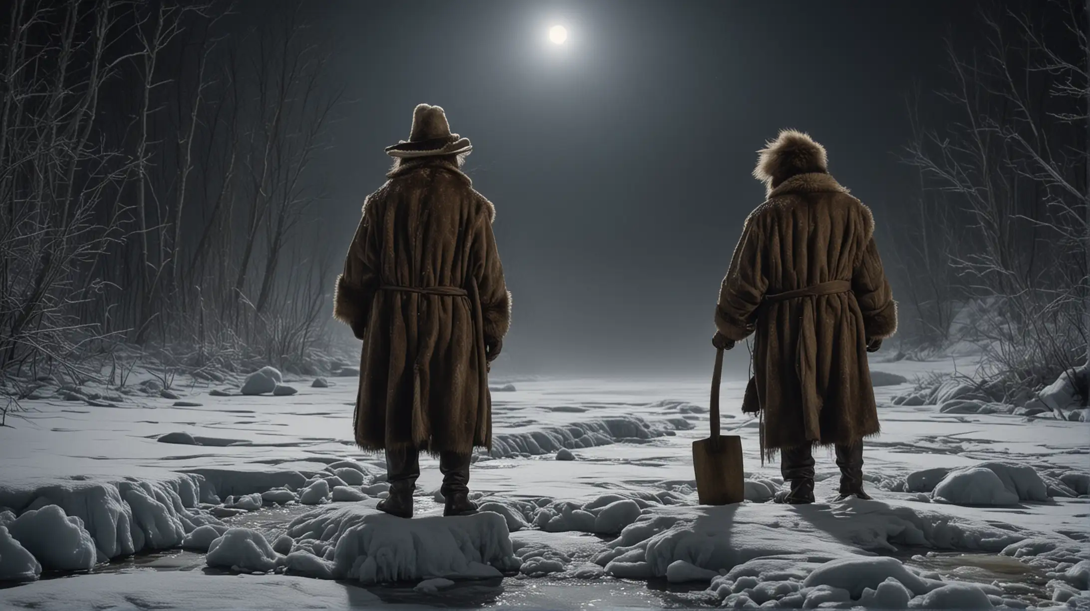 1880s Frontiersmen in Fur Coats with Axe on Frozen River at Night