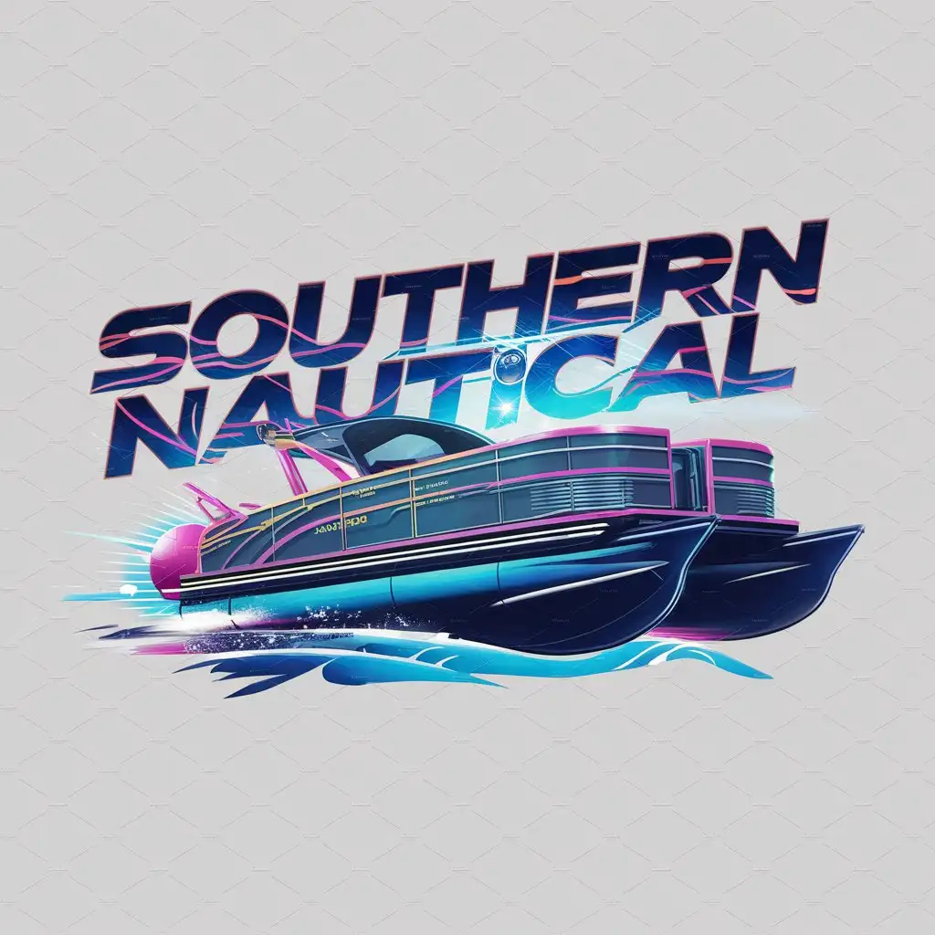 a logo design,with the text "Southern Nautical", main symbol:a logo design, with the text 'Southern Nautical', main symbol: pontoon boat speeding through the ocean, drawn with extreme detail in a futuristic style with bright neon colors , Complex ,be used in Boat Rental industry,clear background,complex,clear background