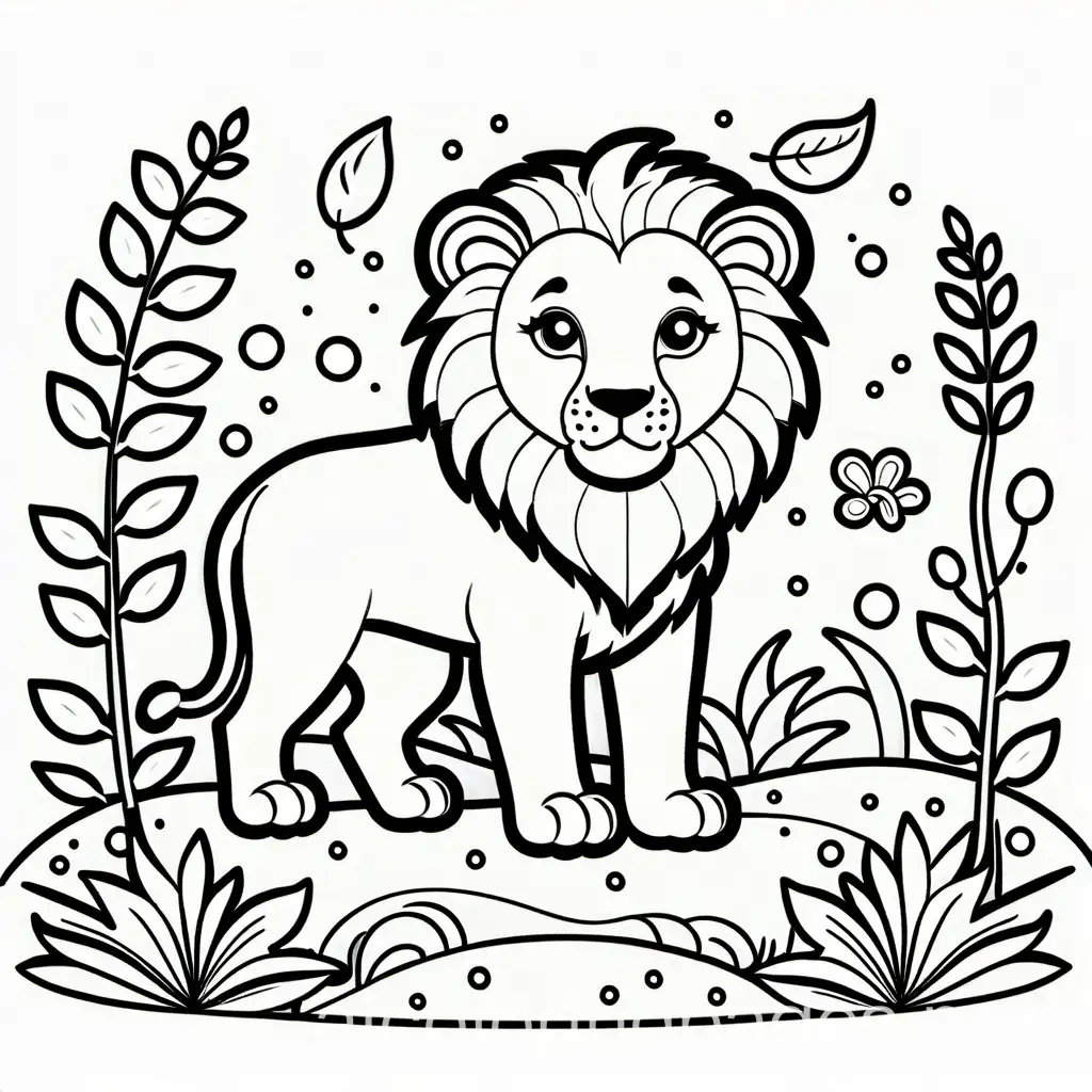 A cute lion showing  a big treasure me on ground. Colouring Page, black and white, line art, white background, Simplicity, Ample White Space. The background of the colouring page is plain white to make it easy for young children to colour within the lines. The outlines of all the subjects are easy to distinguish, making it simple for kids to colour without too much difficulty ,, Coloring Page, black and white, line art, white background, Simplicity, Ample White Space. The background of the coloring page is plain white to make it easy for young children to color within the lines. The outlines of all the subjects are easy to distinguish, making it simple for kids to color without too much difficulty