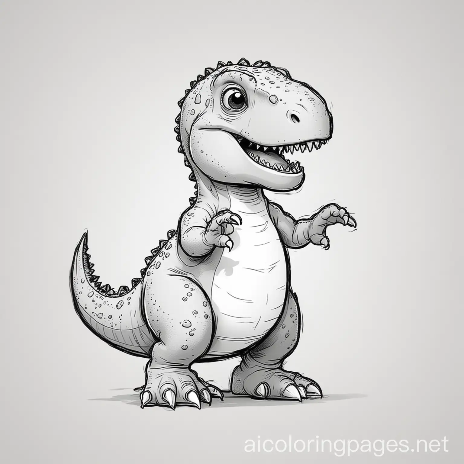 Cute T-Rex with tiny arms black and white image, Coloring Page, black and white, line art, white background, Simplicity, Ample White Space.