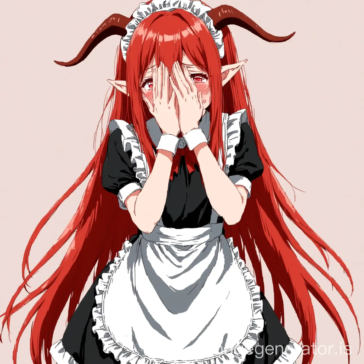 Anime girl with elf ears and small skin colored horns. Red long hair. Maid outfit. Collar. Covering face with both hands with blush. Flustered red blush. Embarrassed pose. Full body in picture.