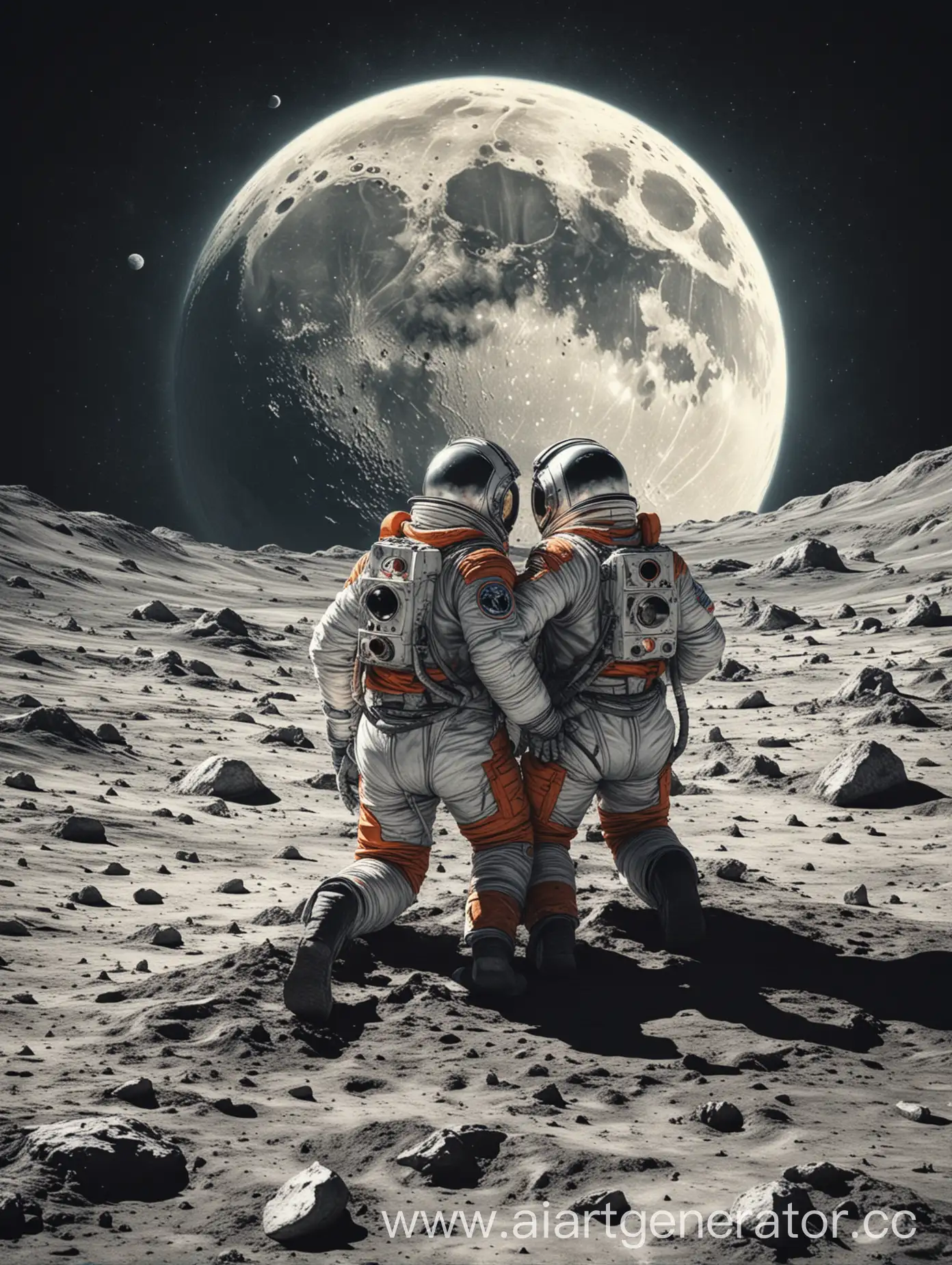 Два космонавта сидят на  луне, обнимаются, комикс. Вид со спины