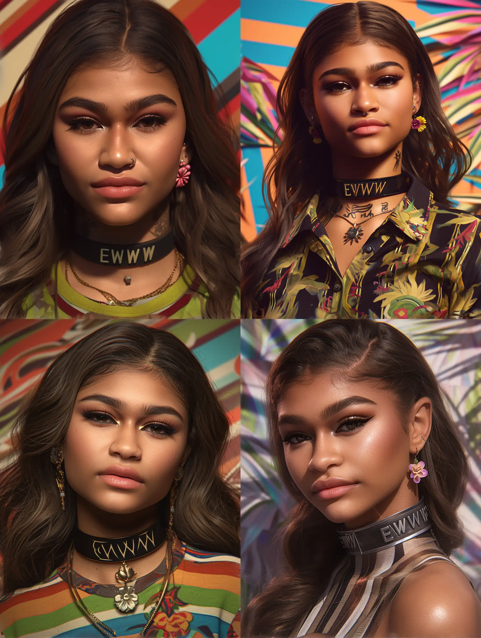 glamour shot, look to the viewer, 3D character, stunning Zendaya, brown hair, flower piercing, collar with the inscription "EWW", 3D render, ultra realistic skin, CGI VFX fine art, ZBrush HDR | dark shadows | ambient occlusion | high resolution | intricate | hyperrealistic textures, stripe background. :: anime::-0.1 --niji 6 --s 250