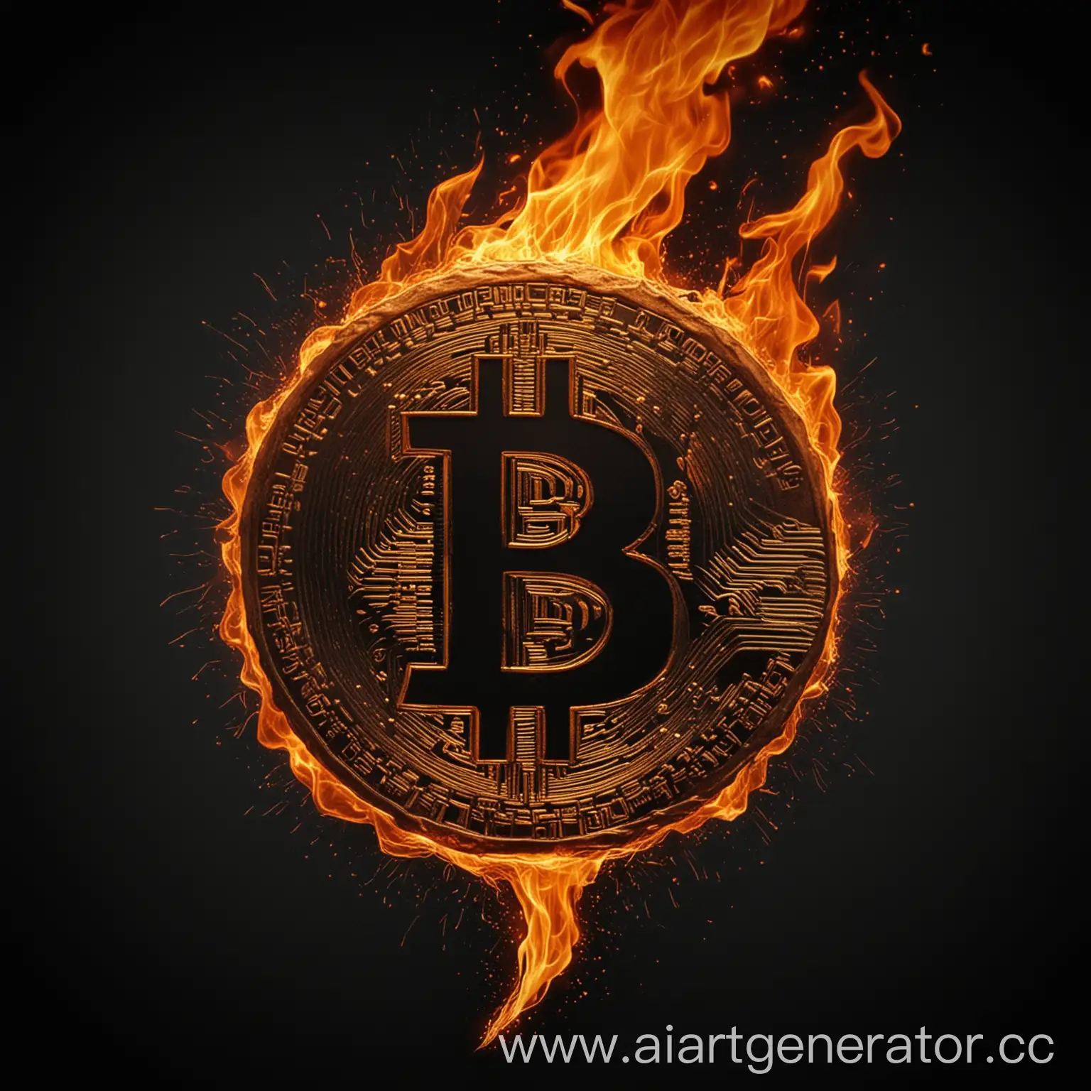 the image should have bitcoin on a completely black background that should be drawn with lines, that is, the contour of bitcoin should be, and bitcoin should burn with a black flame, there should be a black slender fire