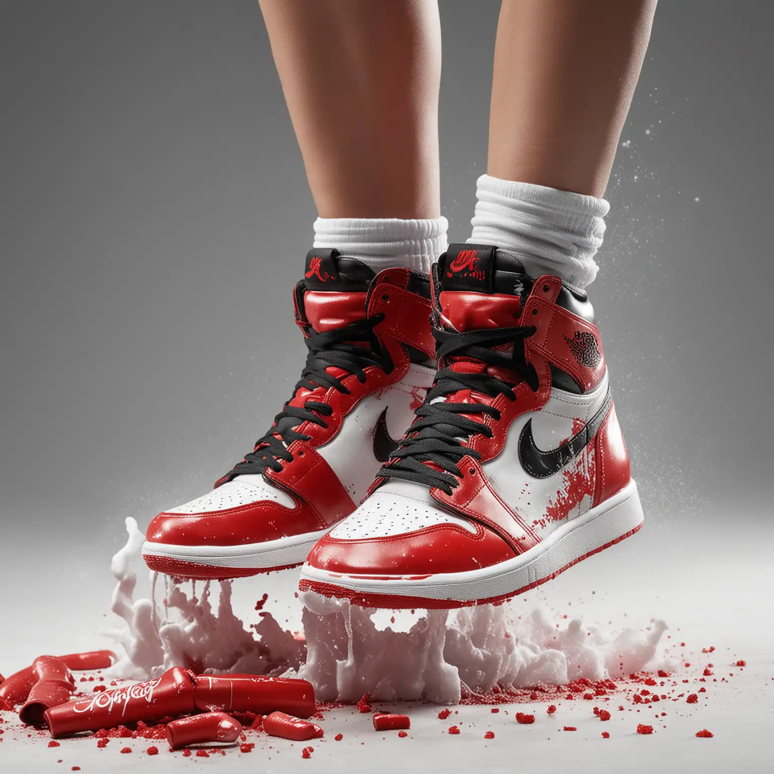 Asian boxing girl's feet in Air Jordan 1 OG High, stomping on coke, close look