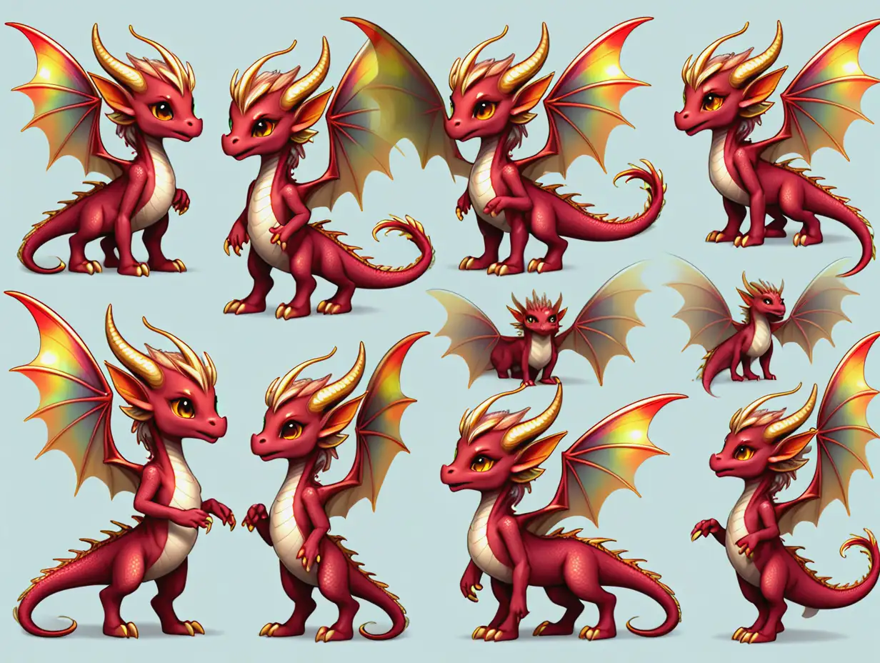 a sprite sheet featuring unique poses of an adorable fey dragon with golden brown eyes, iridescent scales, fairy-like wings and mist-like mane tinted red. The character should have a playful demeanor, and each pose should convey a different action or emotion, such as flying, laughing, sleeping, thinking, and smiling.  The background should be transparent to focus on the character’s design.