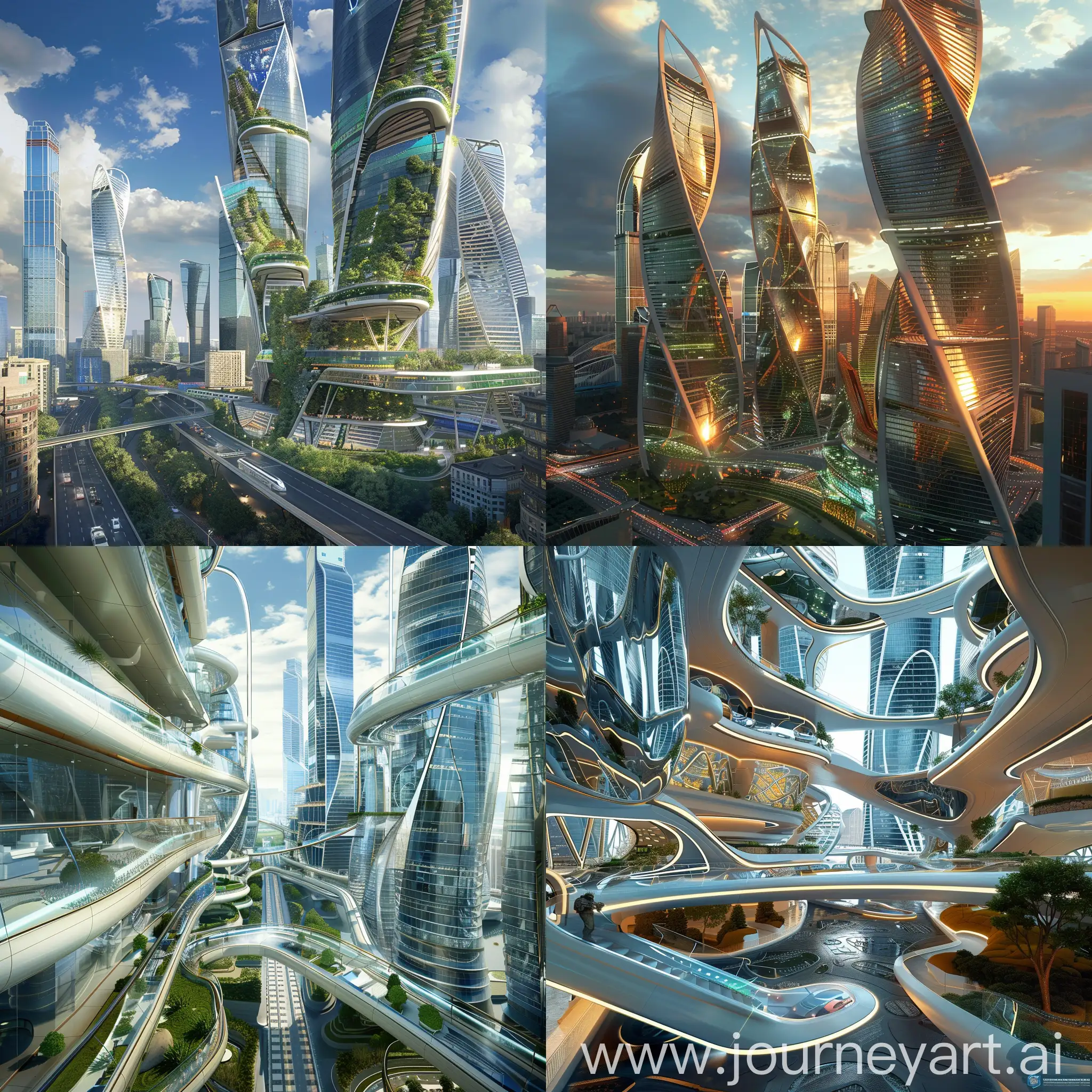 Futuristic Moscow, Holographic Displays, Smart Climate Control, Kinetic Furniture, Nanotech Surfaces, Vertical Gardens, Interactive Walls, Biometric Security, Adaptive Lighting, Robotic Assistants, Modular Design, Kinetic Facades, Integrated Solar Panels, Vertical Wind Turbines, Hydroponic Gardens on Balconies, Smart Infrastructure, Skybridges and Walkways, Public Transportation Integration, Kinetic Lighting, Self-Regulating Materials, Biomimicry Design, in high-tech style, in unreal engine 5 style --stylize 1000