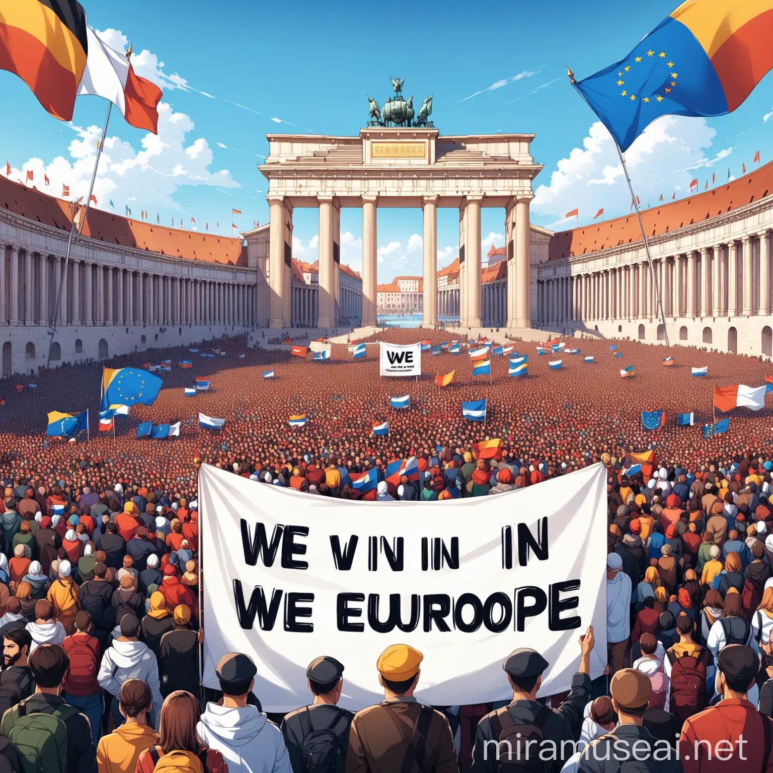 viele Menschen mit einem Plakat mit der Auschrift , wir in Europa, und europäische Flaggen
Vor der Kulisse der europäischen Denkmäler