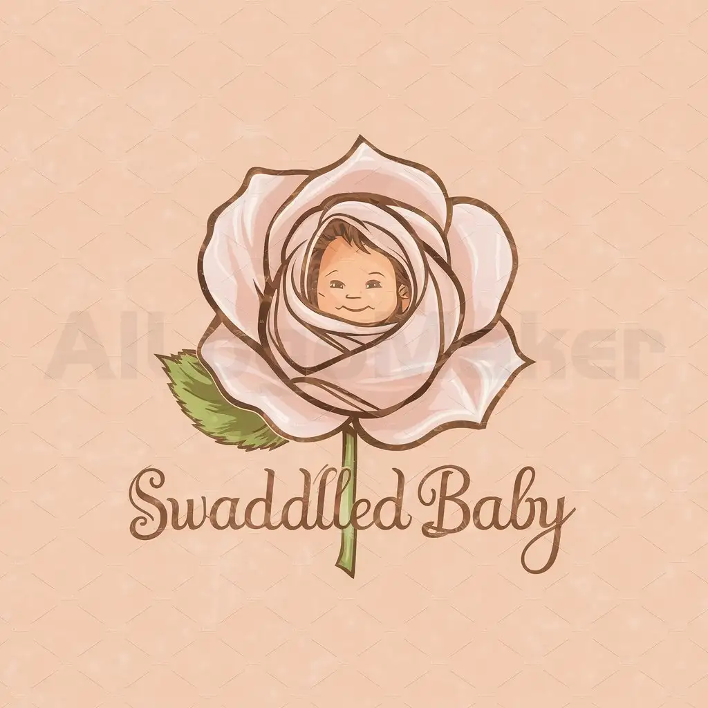 a logo design,with the text "Baby in Bloom", main symbol:rose flower with baby swaddled inside the centre of the rose only showing face,Moderate,clear background