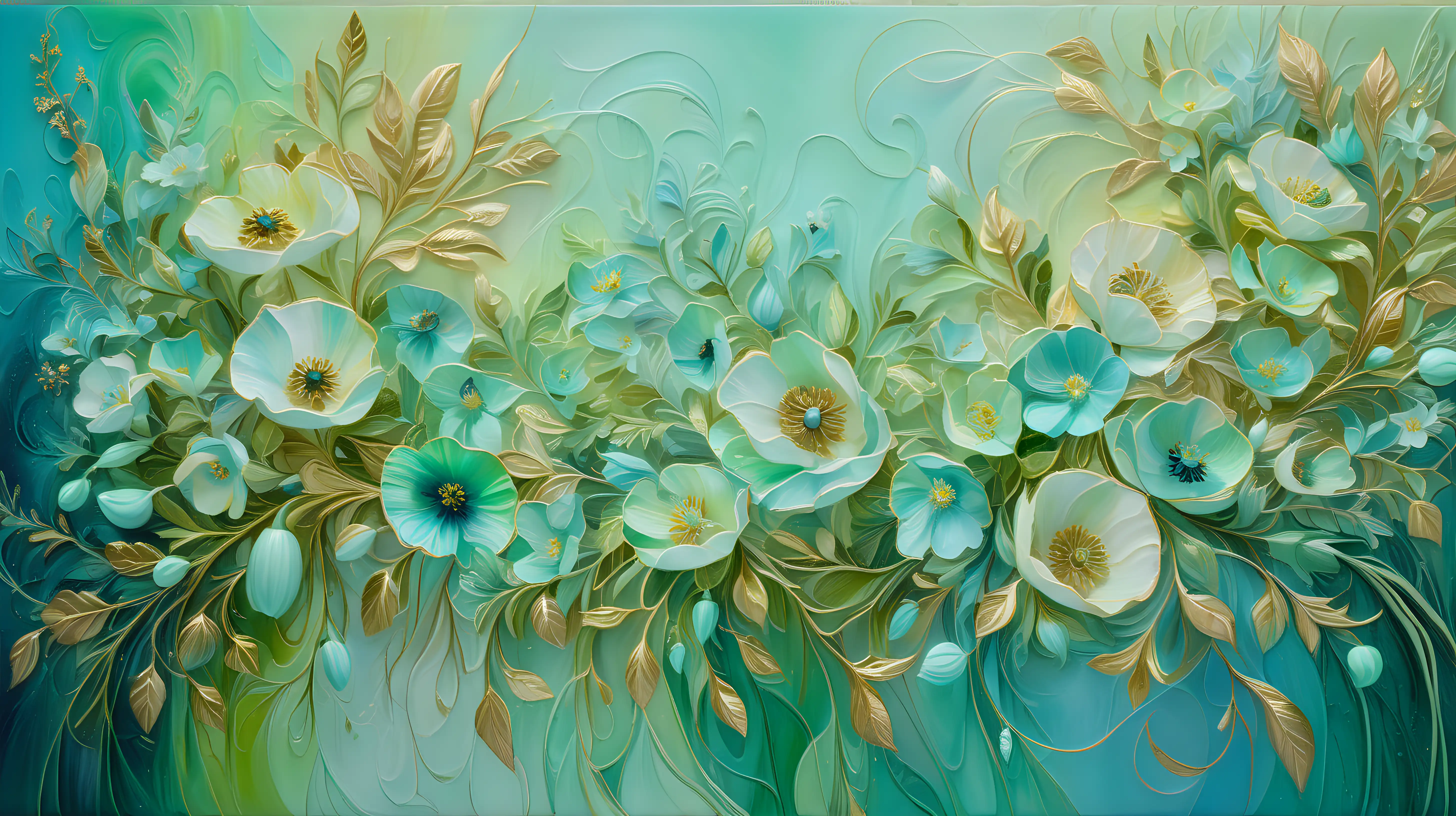 Vibrant Abstract Oil Painting Luminescent Floral Fantasy in Green Blue and Gold