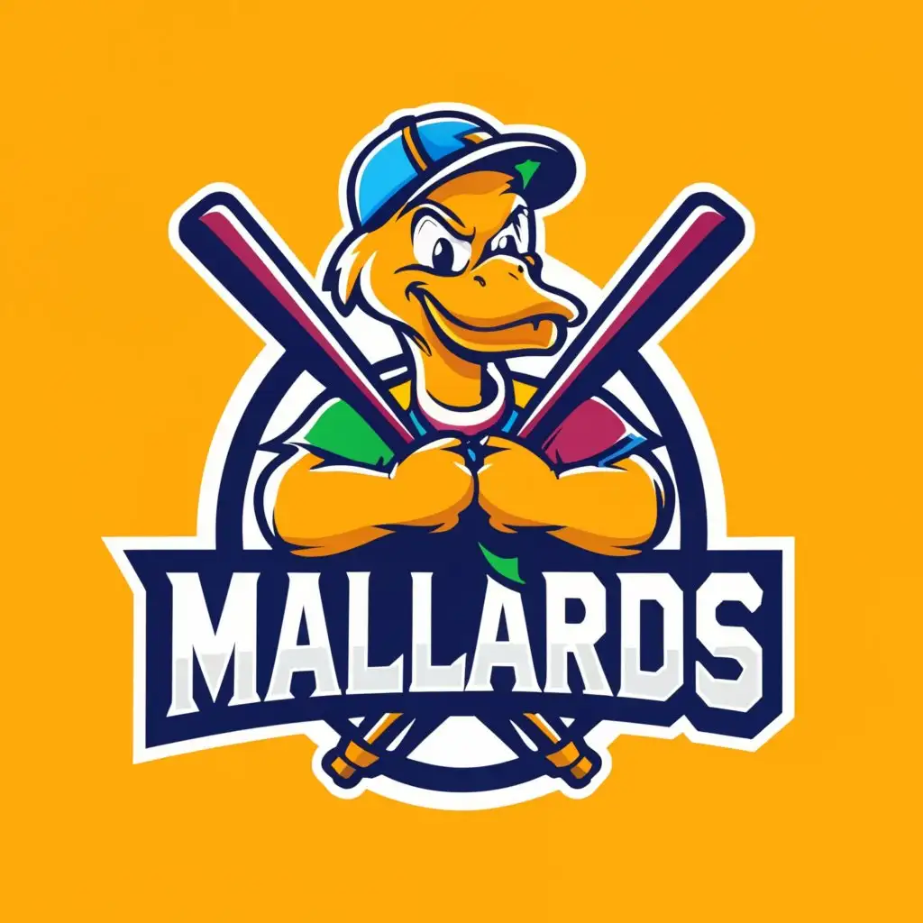 a logo design,with the text "Mallards", main symbol:cartoon duck holding a bat,complex,be used in Sports Fitness industry,clear background