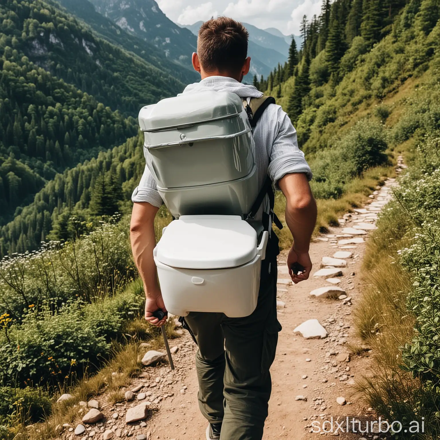 A man is going on a hike and carrying a white porcelain toilet on his back from home