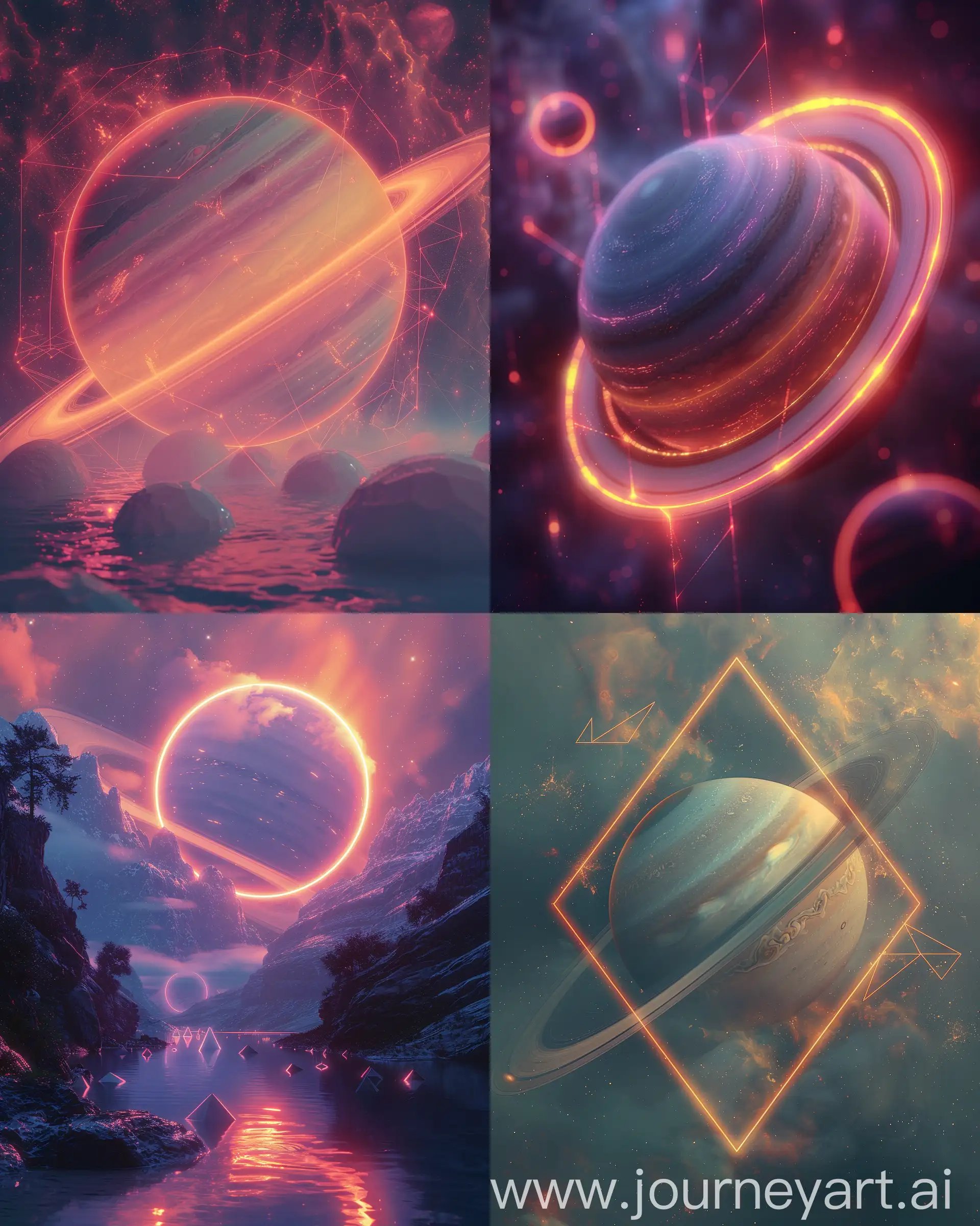 Saturn viewed through the lens of vaporwave aesthetics, pastel color palette, neon rings, retro-futurism, with a dreamy, synthwave soundtrack visualized, floating geometric shapes, serene cosmic backdrop --ar 4:5 --s 700 --c 15 --relax --v 6