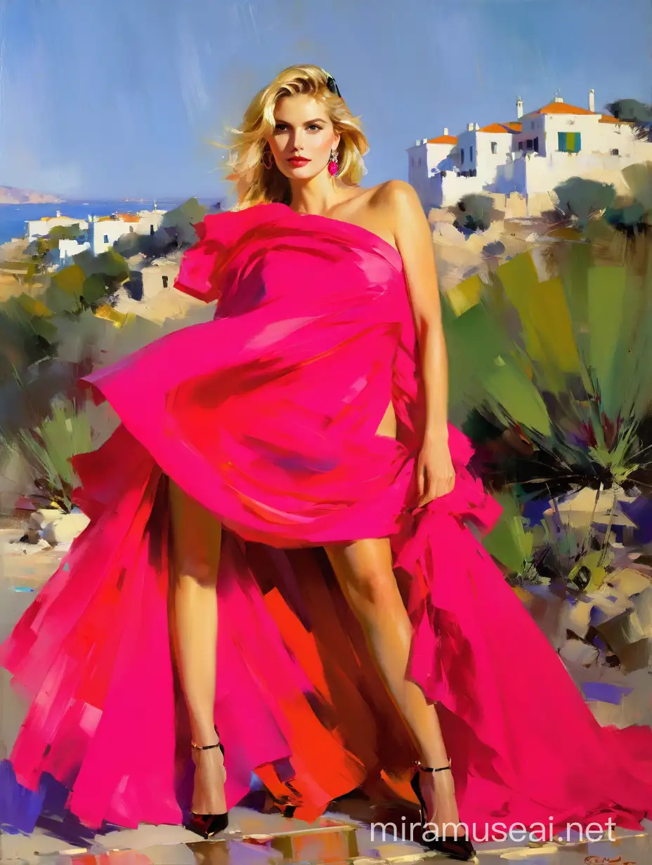 Painting by Pino Daeni, Garmash, blonde supermodel Lana Medkova, captures the essence of rare beauty, high fashion pose, soft-focus background, sunlight casting a warm glow on her striking features, complementary color palette, contrast emphasizing her refined elegance, vivid colors, dramatic lighting, artistic brushstrokes.