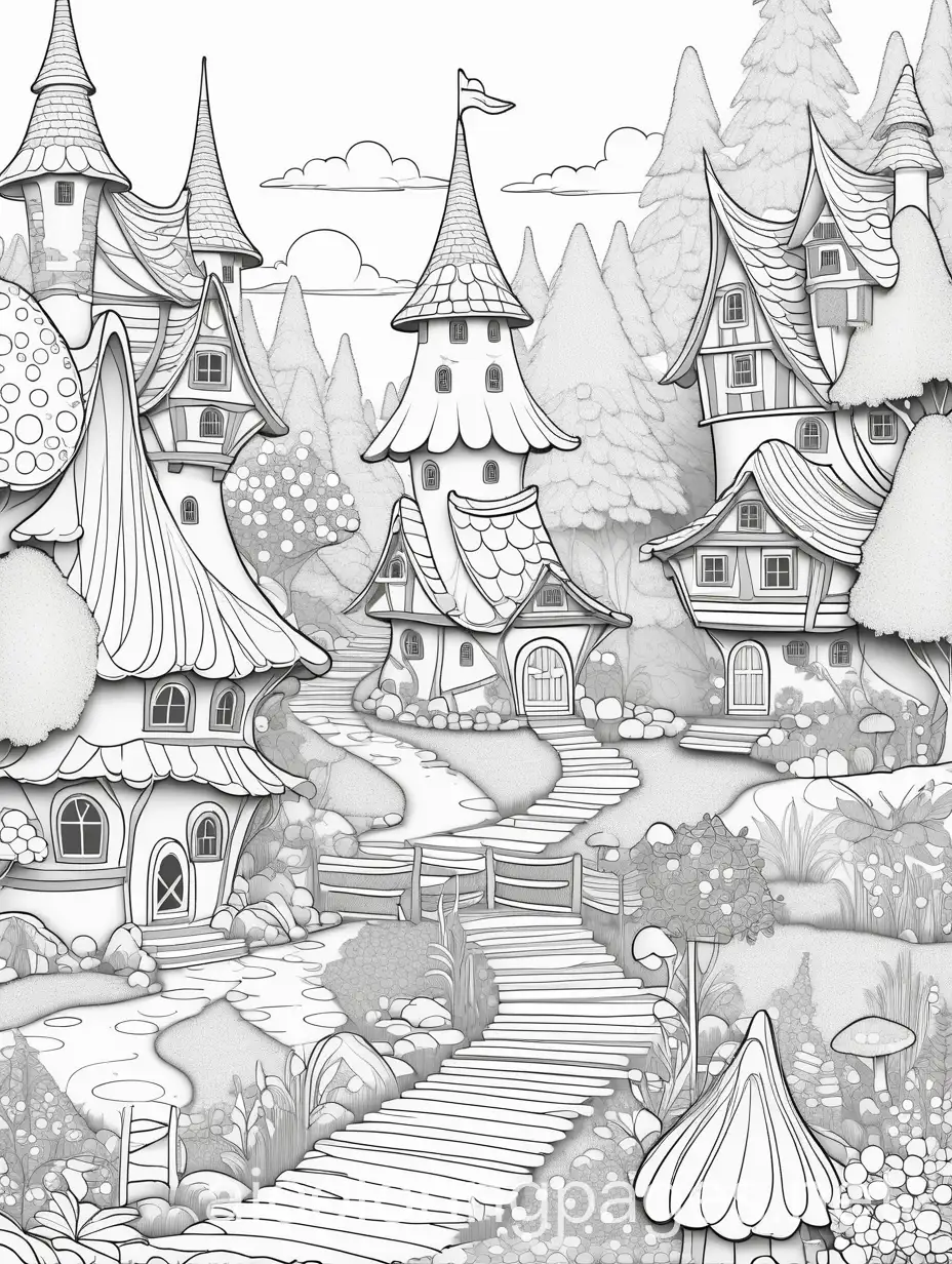Enchanting-Fairy-Village-Coloring-Page-with-Simple-Black-and-White-Line-Art-on-White-Background