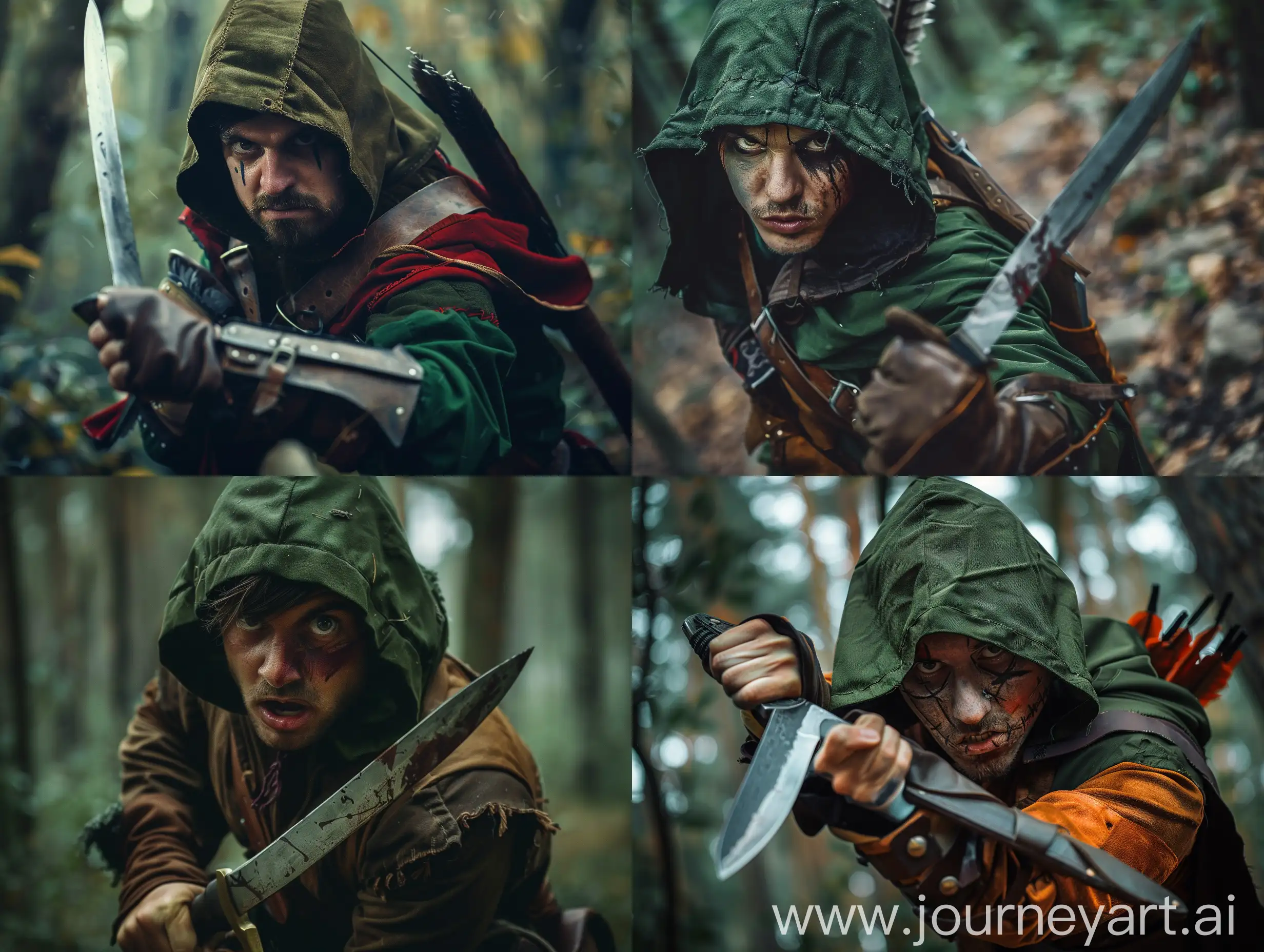 A killer hunter dressed like Robin Hood with a knife in his hand. Fierce face. Searching the forest.