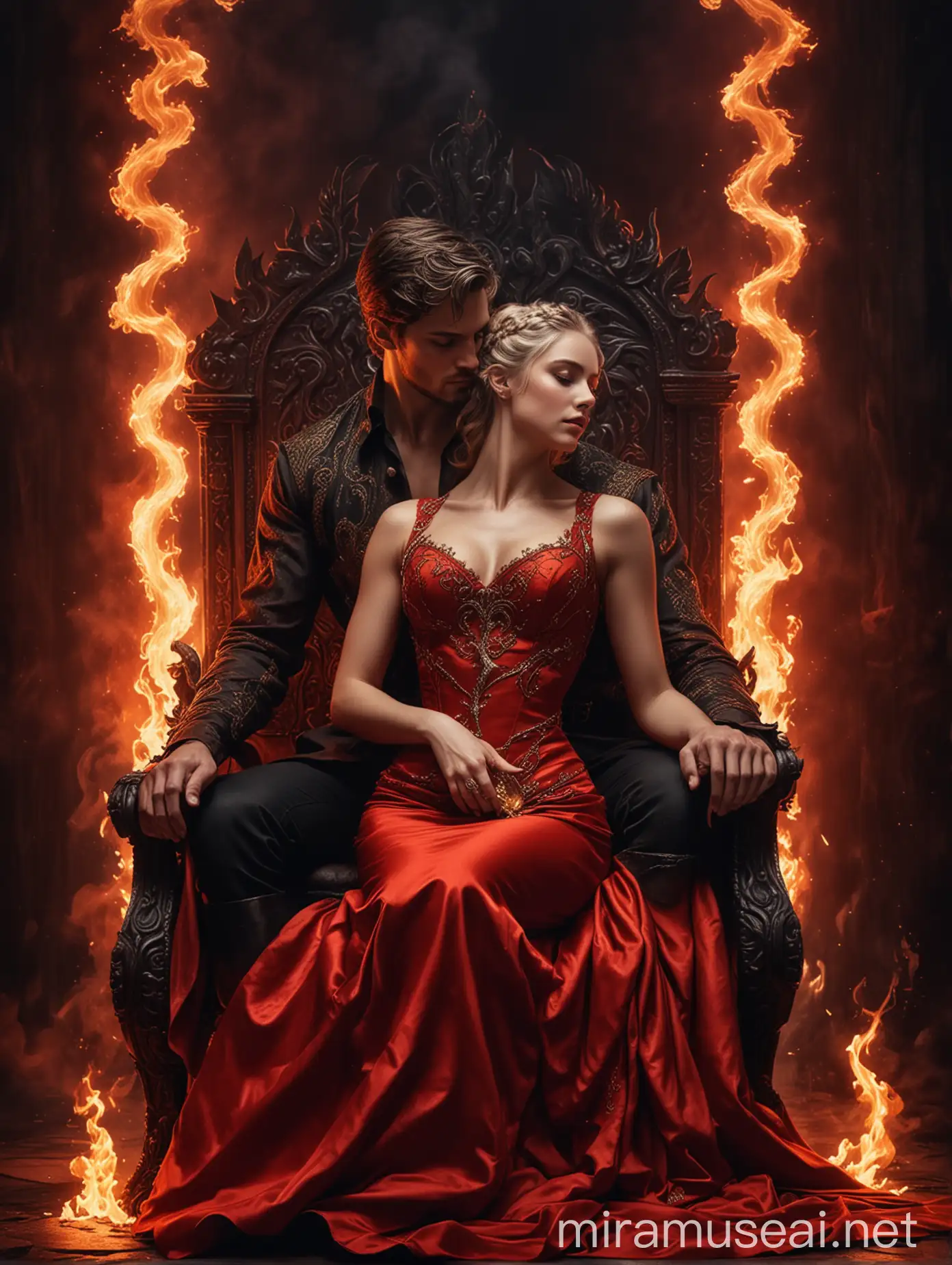 Romantic Couple in Red Royal Attire on Dark Throne with Serpent Flames