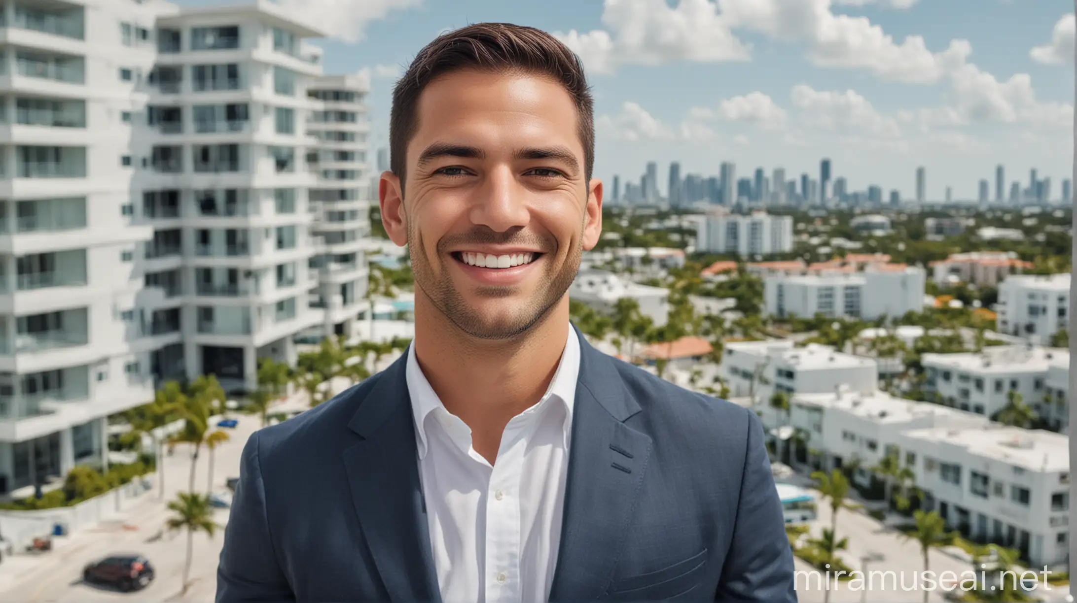 An image of a happy commercial real estate investor looking directly at the camera with a multifamily propery in Miami on the background. The person is on the left side of the image and the right side of the image is almost empty as text will be placed on top later. 