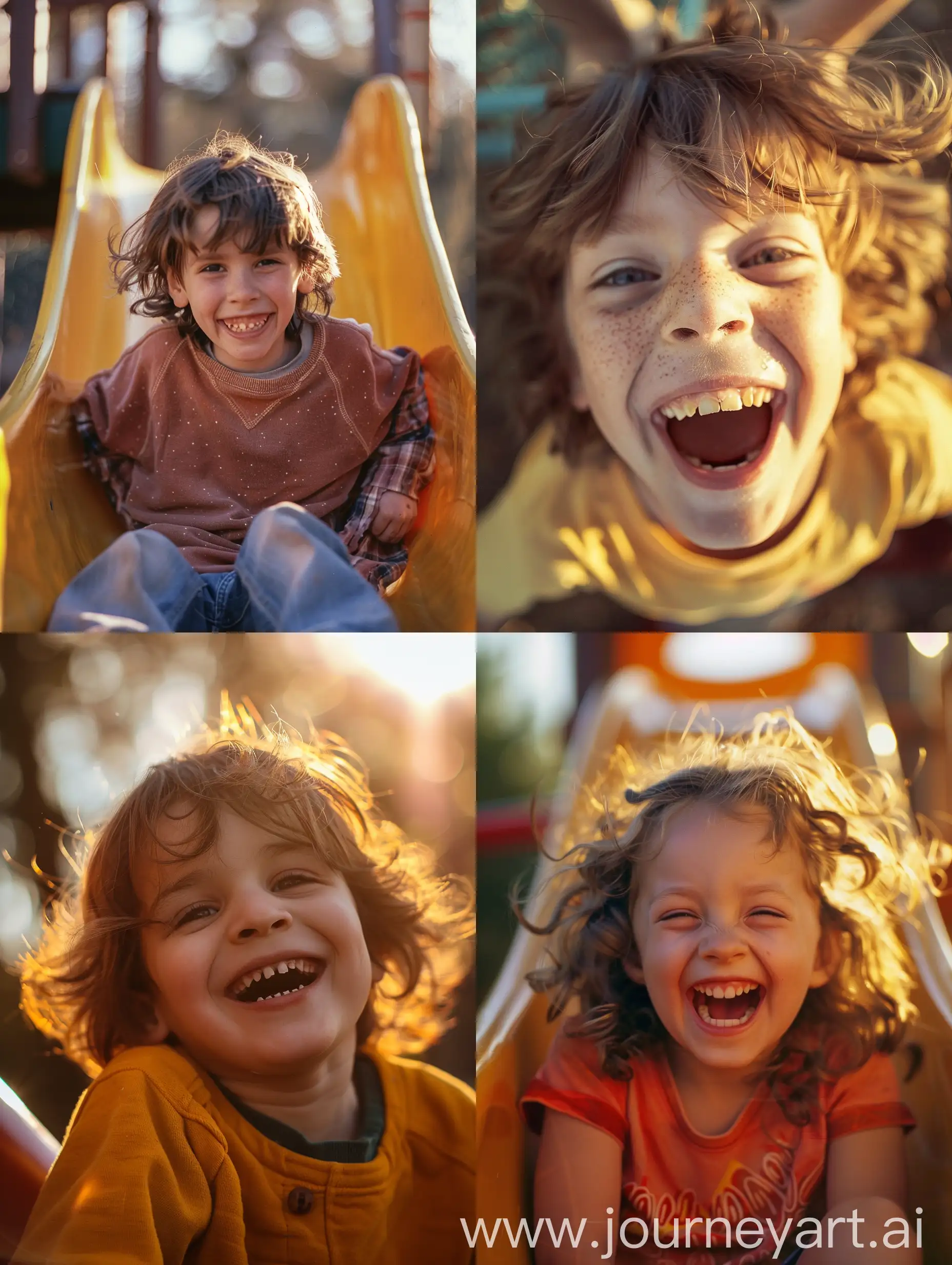 A realistic and highly detailed photo of a child with brown hair, taken from a distant angle, sliding down a slide in a park at sunset, cheerful and smiling, warm golden light, (sunset glow), ((lively atmosphere)), detailed facial expressions, ((dynamic motion)), ((soft bokeh)), professional DSLR camera, 135mm lens, Fujifilm Velvia 50 film, photographed by Steve McCurry, natural skin texture, (vivid colors), ((captivating composition)), joyful mood. No small legs, no abnormal legs, no abnormal eyes, no legs separated from the body, no close-up angle::0.5, no irregular teeth, no ugliness, no abnormal body, v6.