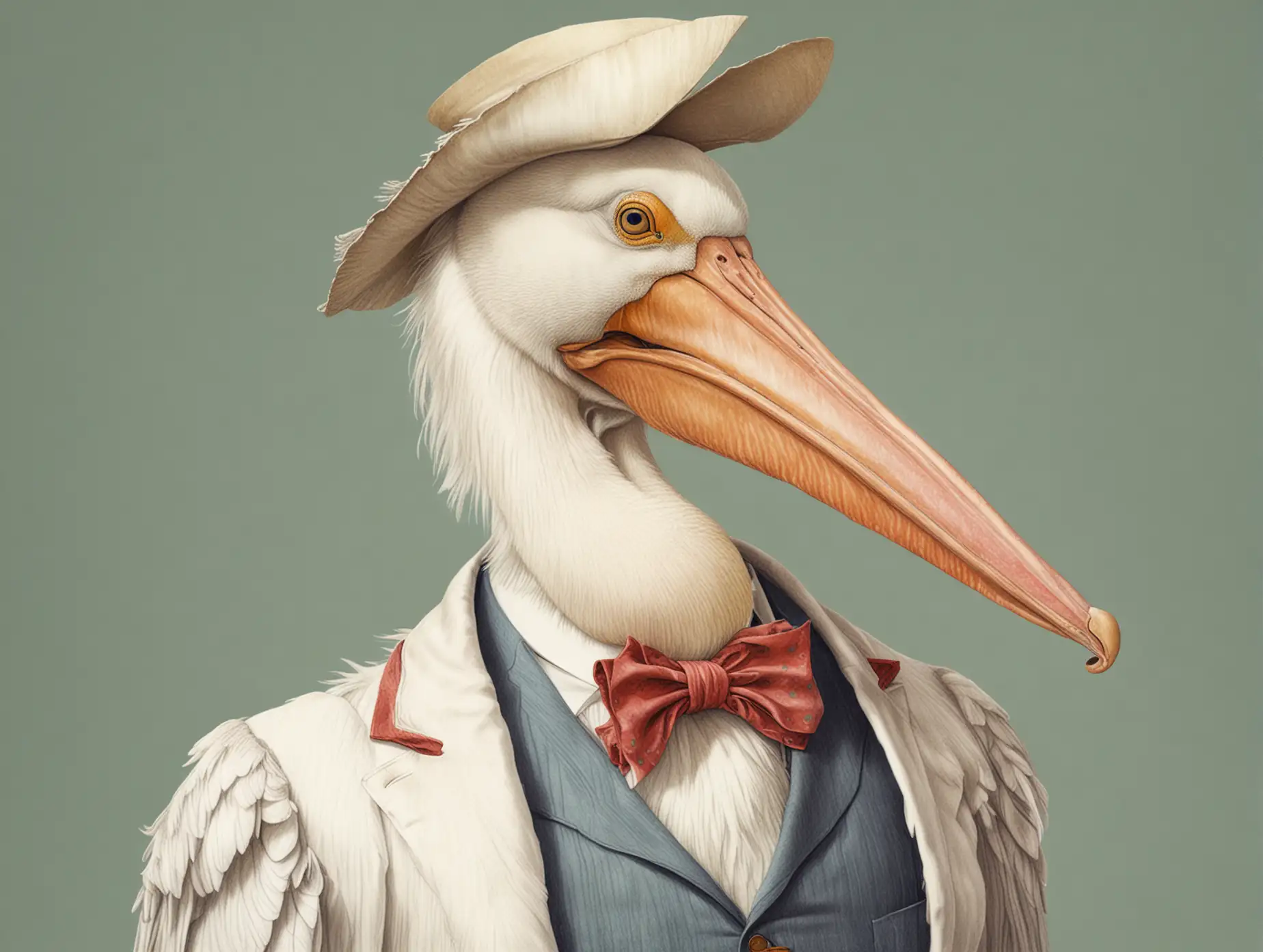 cute colour pencil illustration of an anthropomorphic great white pelican, dressed as an Edwardian gentleman