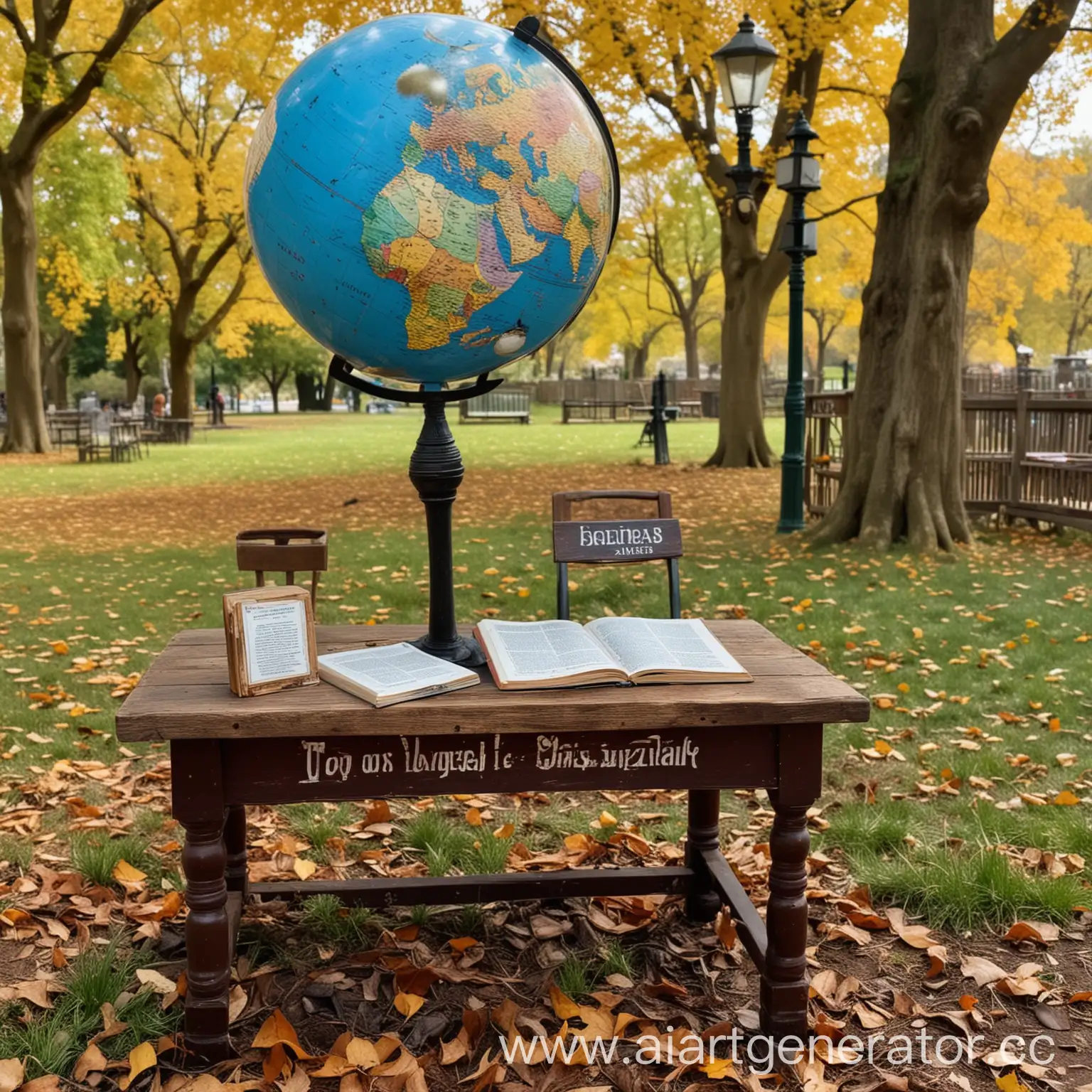 Park-Table-with-Book-Sign-and-Globe-under-Daylight