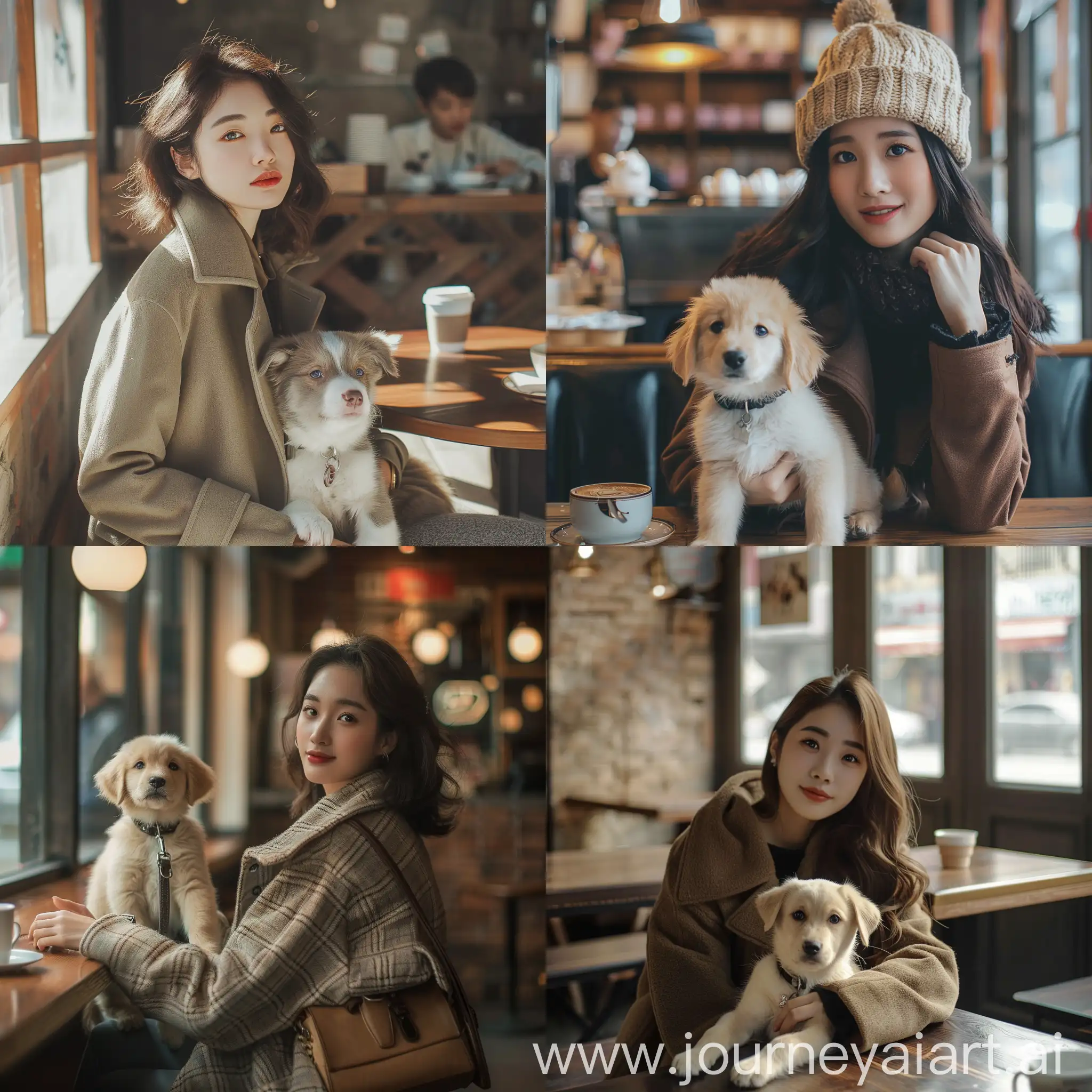 A beautiful Asian woman is sitting in a coffee shop with a lovely puppy in fashionable clothes, with cold light and realistic photos.