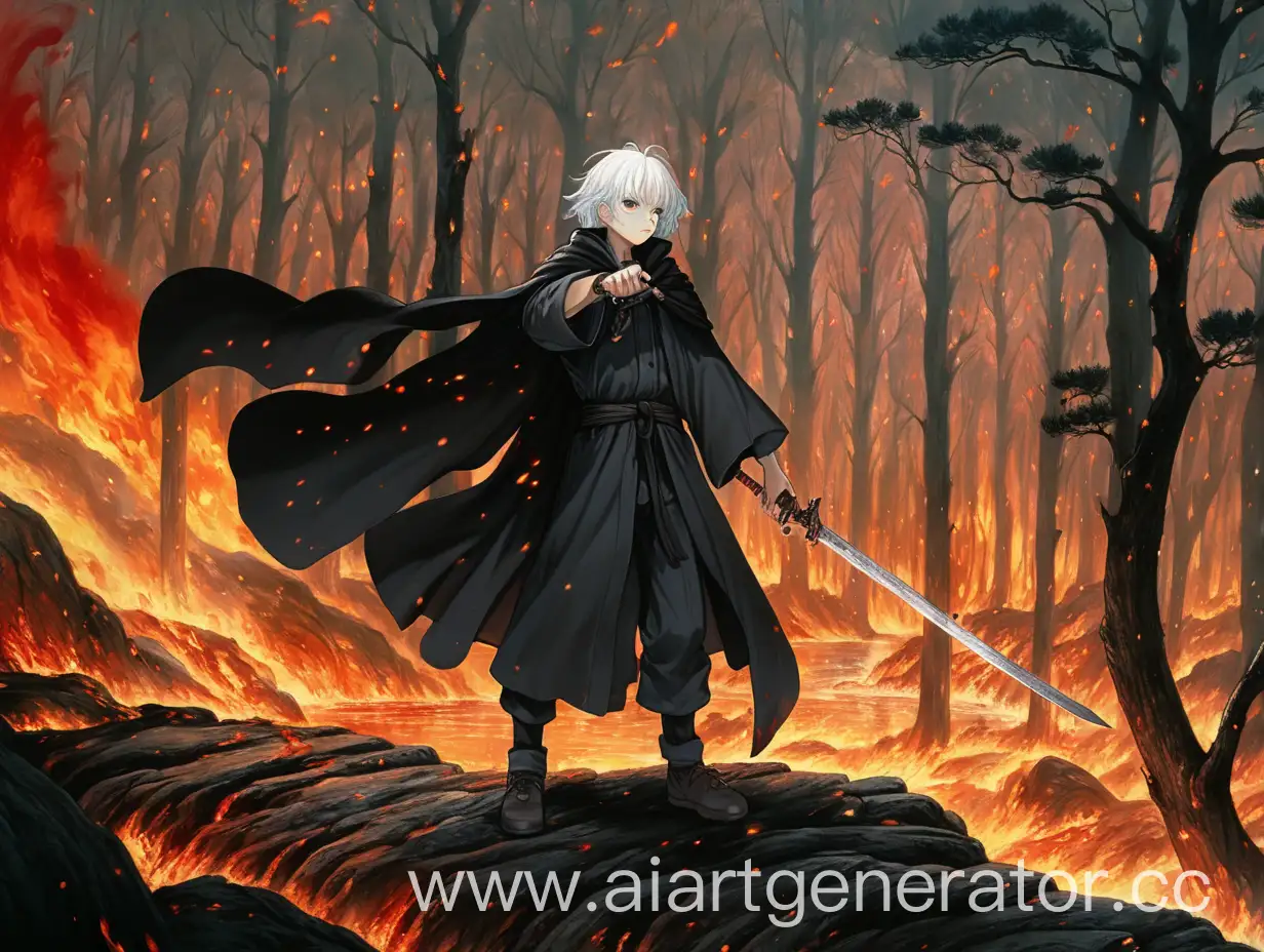 парень с белыми волосами, одет в черный плащ, держит меч в руках, на лице его струйка крови, на фоне лес в огне, аниме стиль