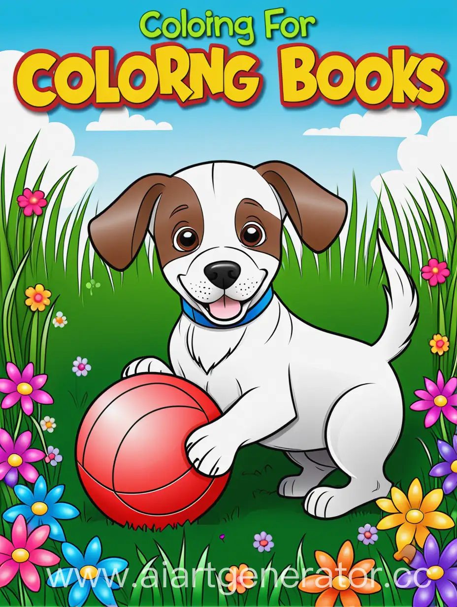 Создайте обложку раскраски для малышей с изображением собаки, играющей с мячом. В качестве фона добавь цветы и траву. Не перегружая фон.  Добавь немного карандашей. Сверху название " Раскраски для детей".