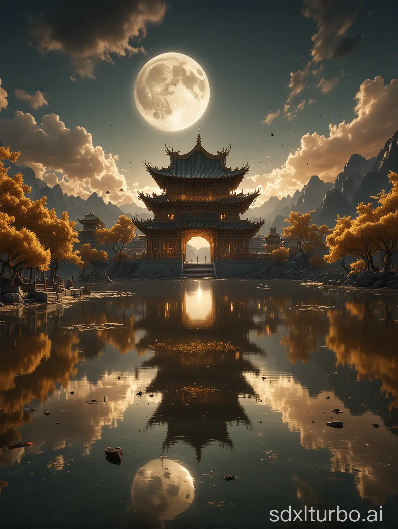 a magnificent Chinese golden palace CG render on a calm lake surface, moon surrounded by gold clouds, self-luminous, rendered by lee madgwick, Dan Mumford, James Paick, Jordan Grimmer, Trend CG Society, Octane: 9', 'Fantasy art, magical aura, soft moonlight, volumetric lighting, backlight, 8K high definition wallpaper: 3', ‘the rule of thirds, proportion: 1.5’, ‘fake HDR, oversaturation, depth of field, figure, blur, wide shot’