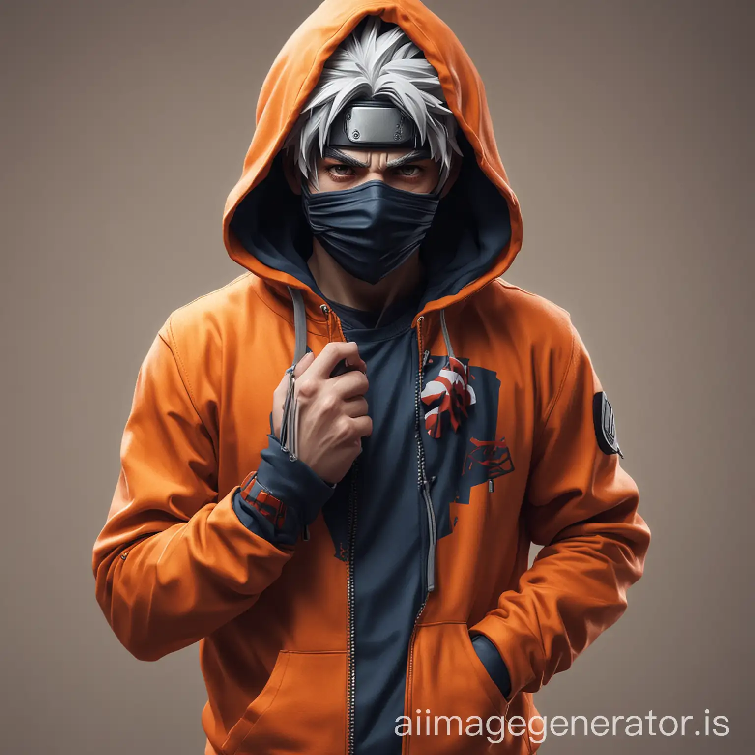 kakashi with mask wearing orange hoodie