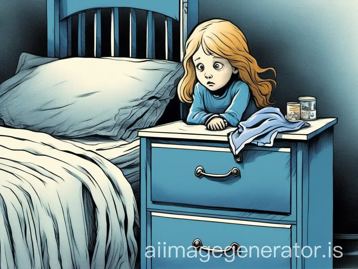 An image of a girl who saw on the drawer next to her bed the small blue band that she had lost. She has to look scared and look at the blue handkerchief on the drawer. 
