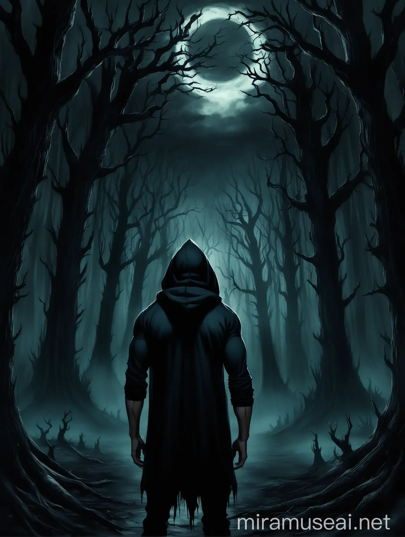 A  handsome young muscular man in hoodie, wearing a dark black flowing mage attire while facing a creepy dark midnight crookee forest with crooked trees and black fogs engulfing around
